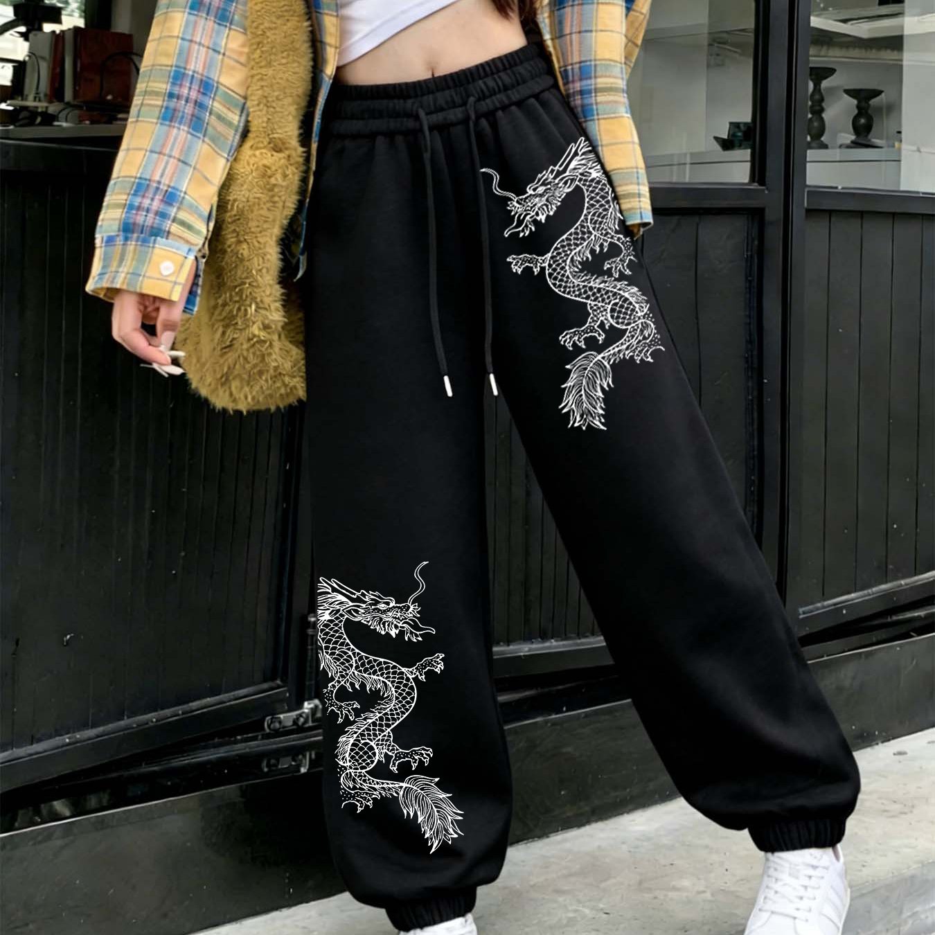 TEMU National Charm Chinese Dragon Print Sweatpants, Street Regular Fit Joggers, New Chinese Style Streetwear Casual Sweatpants