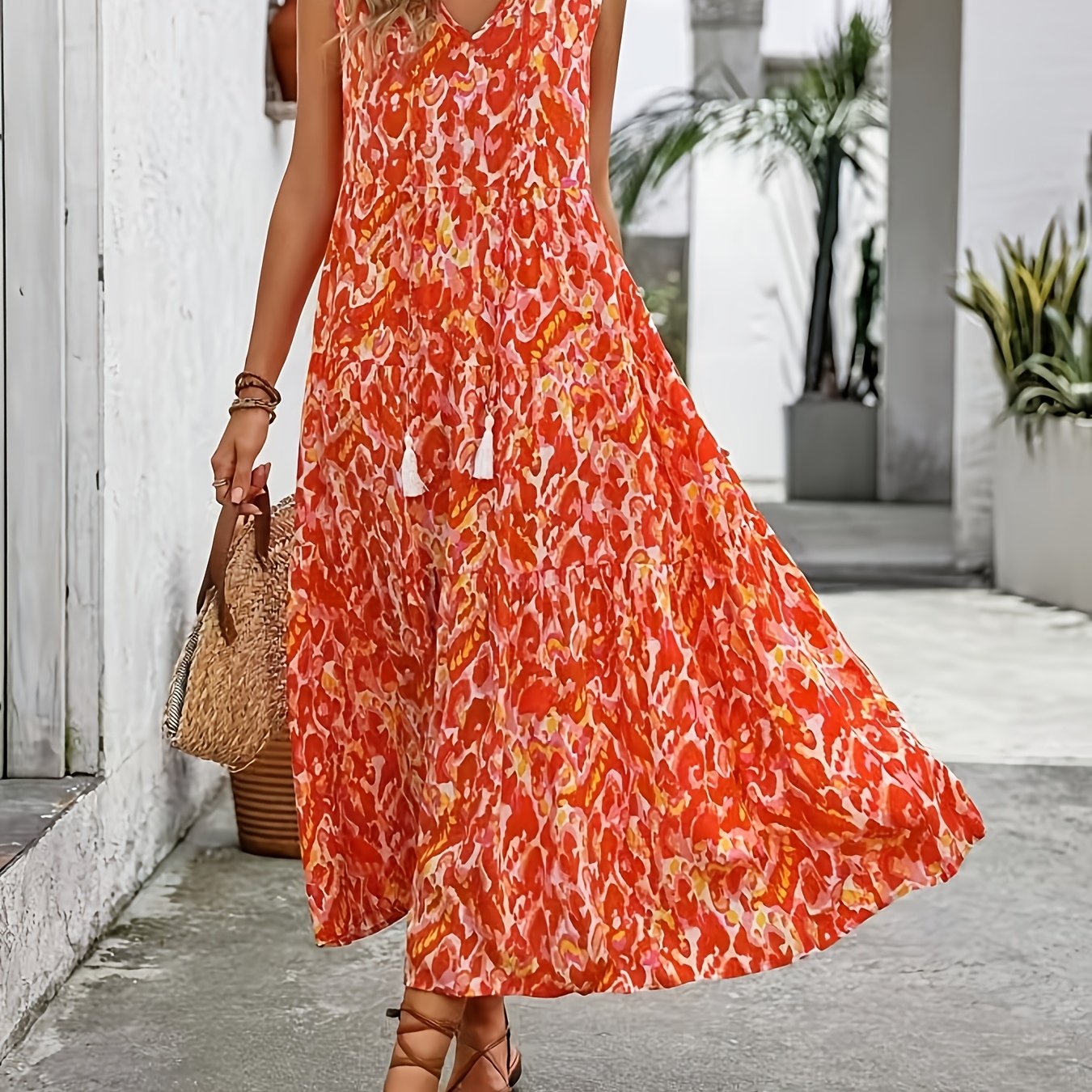 TEMU Floral Sleeveless Long Dress With A V-neck And Lace Trim, Featuring A Small Stand Collar And Front Tie, Perfect For Summer Casual Wear For Women