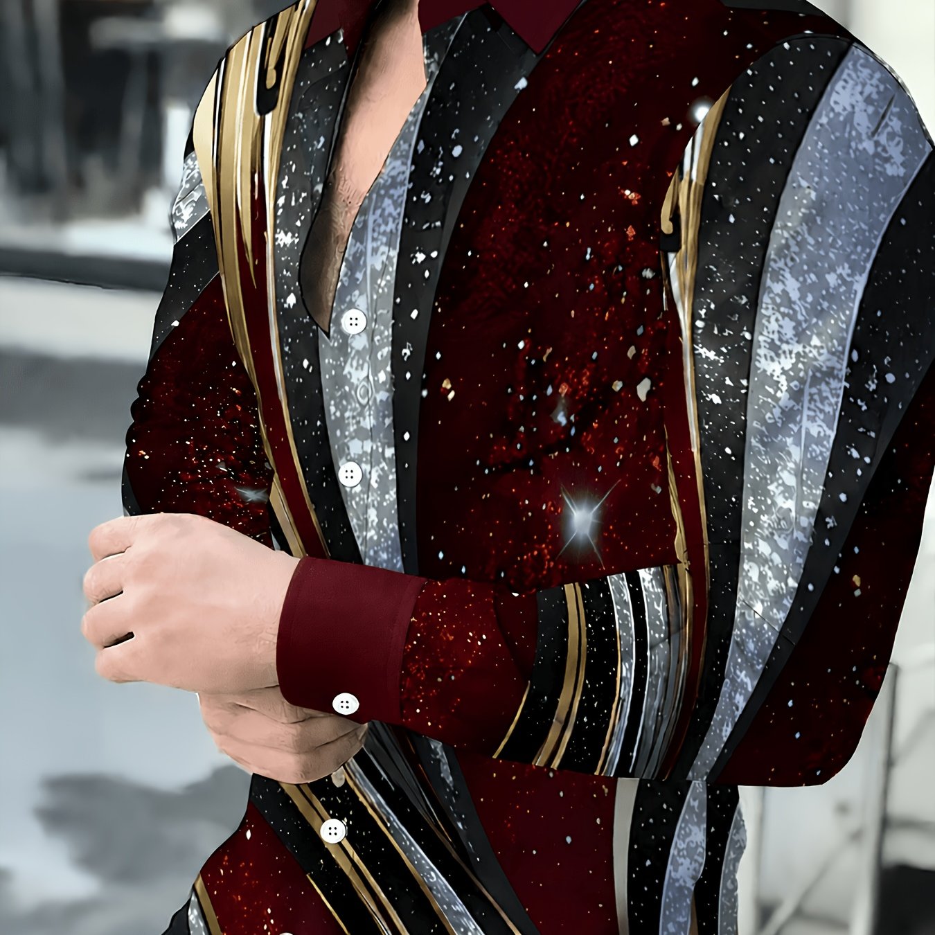 TEMU [print Design- Not Textured]men's Sequined Striped Business Casual Jacket, Red Black Contrast Fashion Long Sleeve Shirt, Party Banquet