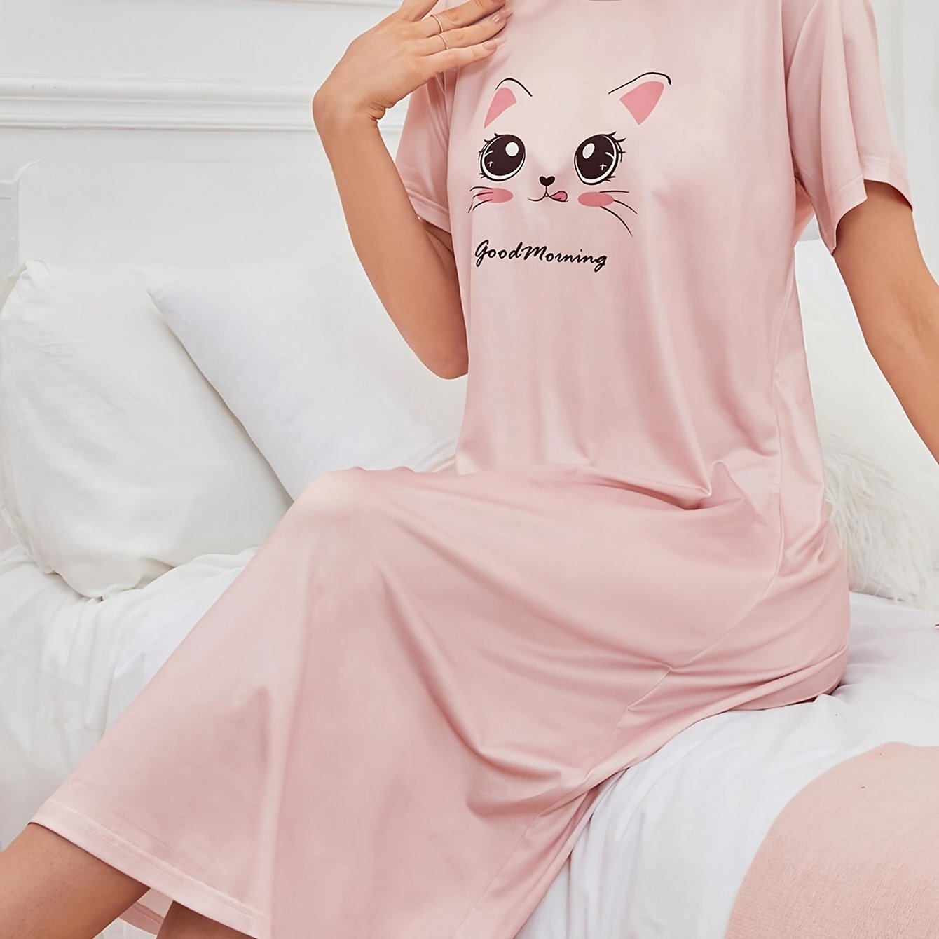 TEMU Women's Cute Cat & Letter Print Sleepwear Dress, Short Sleeve Round Neck Loose Fit Tee Dress, Comfortable Nightgown