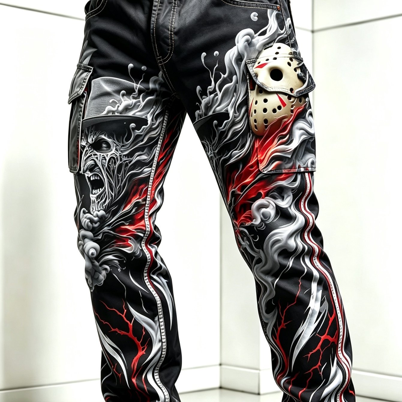 Image of Men's Dark Print Cargo Pants, Streetwear Casual Multi-pocket Trousers For Daily Outfits - Multi-pocket Tactical Cargo Pants For Halloween Camping Fishing Outdoor Work Outfits Back To School