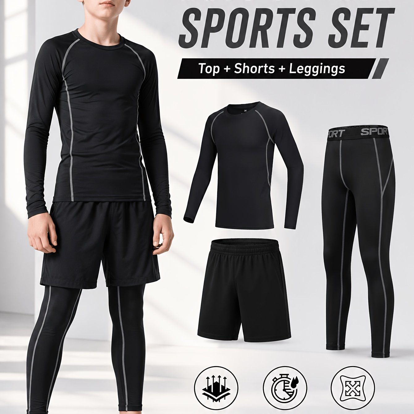 E-shop 3-teiliges Ganzjahres-Set: Sportbekleidungsset mit langen Ärmeln + langer Hose + Shorts, Slim-Fit-Trainingsset, lässiges Sportbekleidungsset,