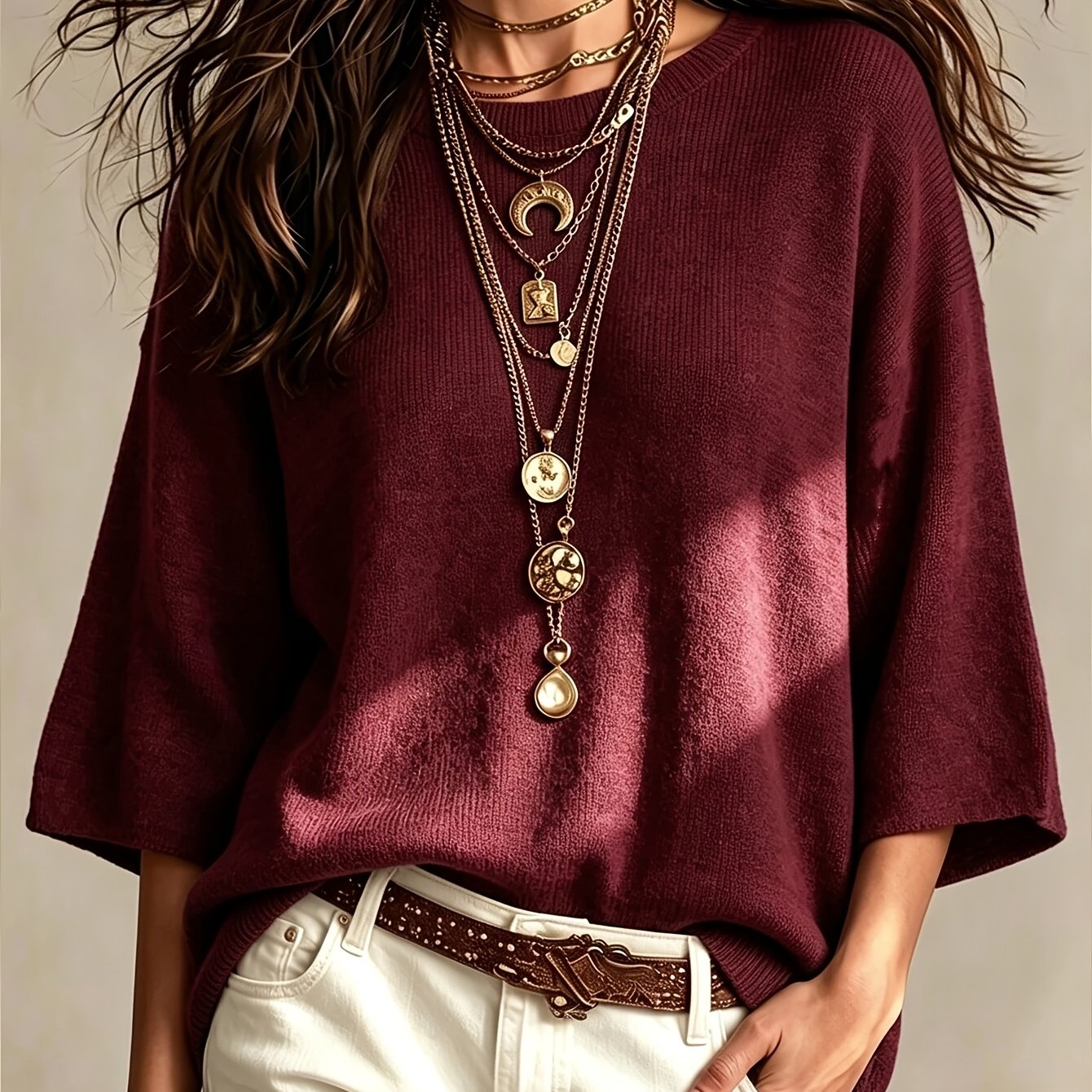 TEMU Women's Casual Loose-fit Round Neck Three-quarter Sleeve Batwing Basic Top For Spring And Autumn