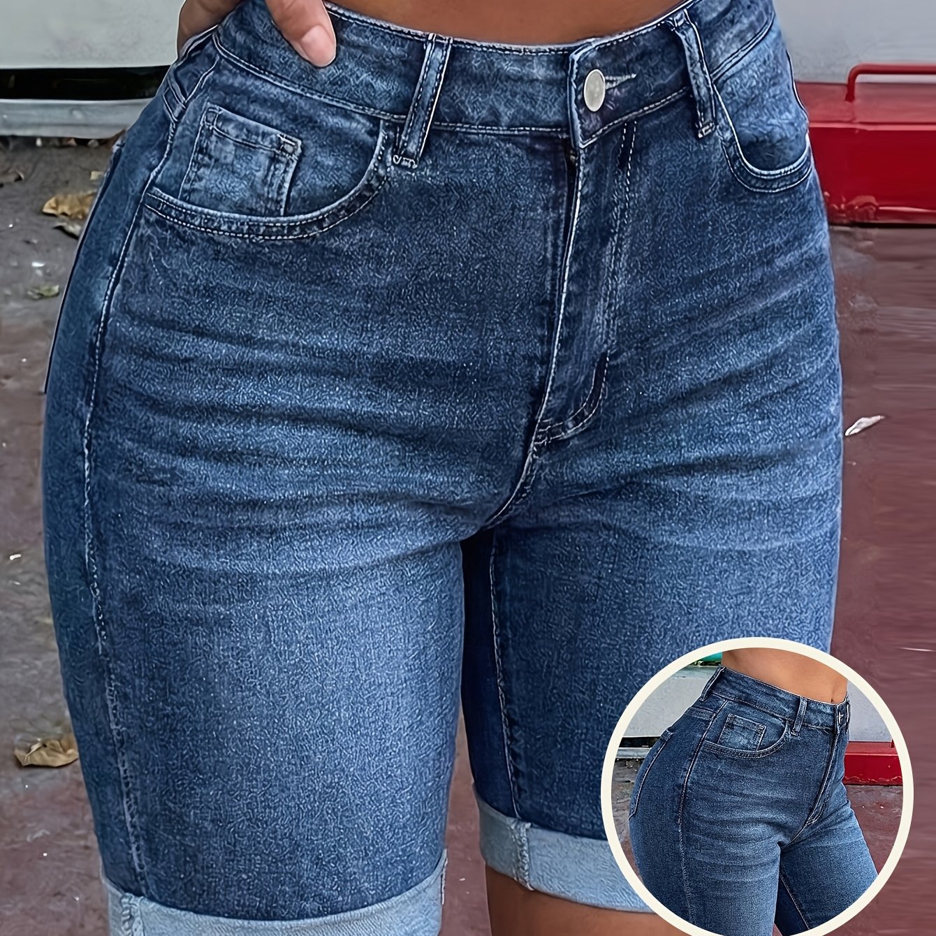 Women's High-waist High-stretch Denim Bermuda Shorts, Rolled Cuff Knee-length Jean Shorts With Pockets, Casual Daily Wear