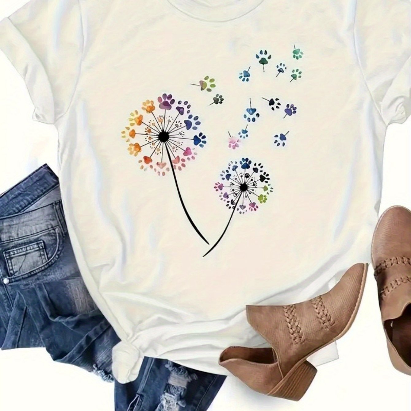 TEMU Women's Anime Letter Print Cotton T-shirt - Breathable Round Neck Short Sleeve Tee With Dandelion & Paw Print Design, Casual Summer Party Top, Machine Washable, Local Delivery