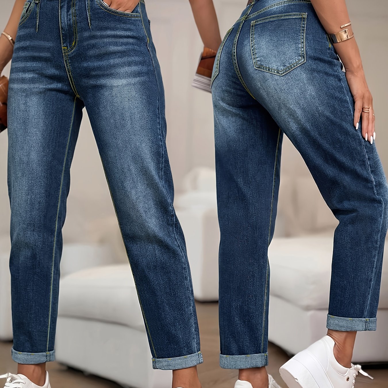 TEMU Women's Straight High-waist Straight Casual Jeans, Wear, Denim Jeans, Suitable For Daily Outing, Casual Versatile