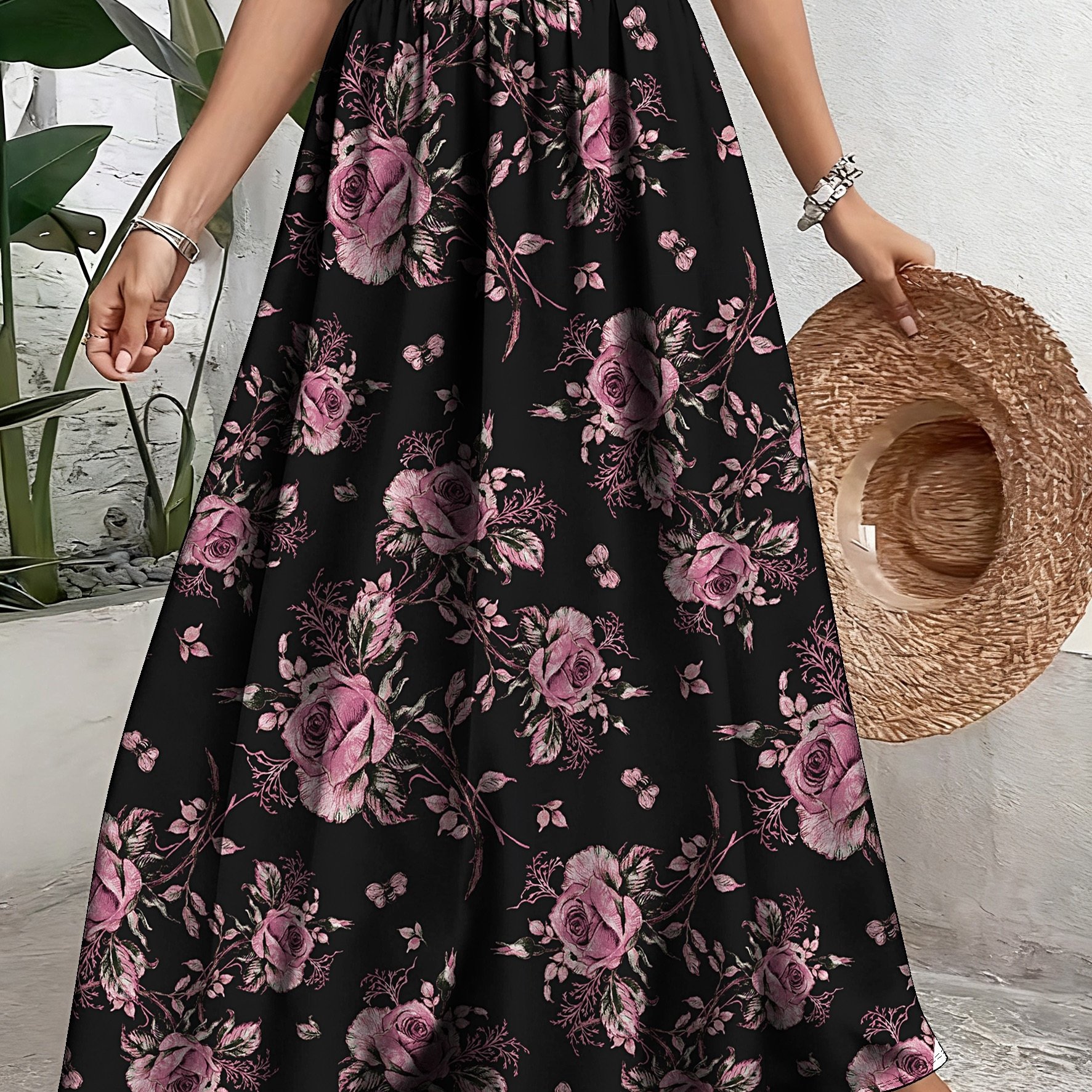 TEMU Plus Size, Elegant Floral Print Polyester Skirt - Casual A-line, Non-stretch Fabric, With Elastic Waistband And Hem, Machine Washable - Wear