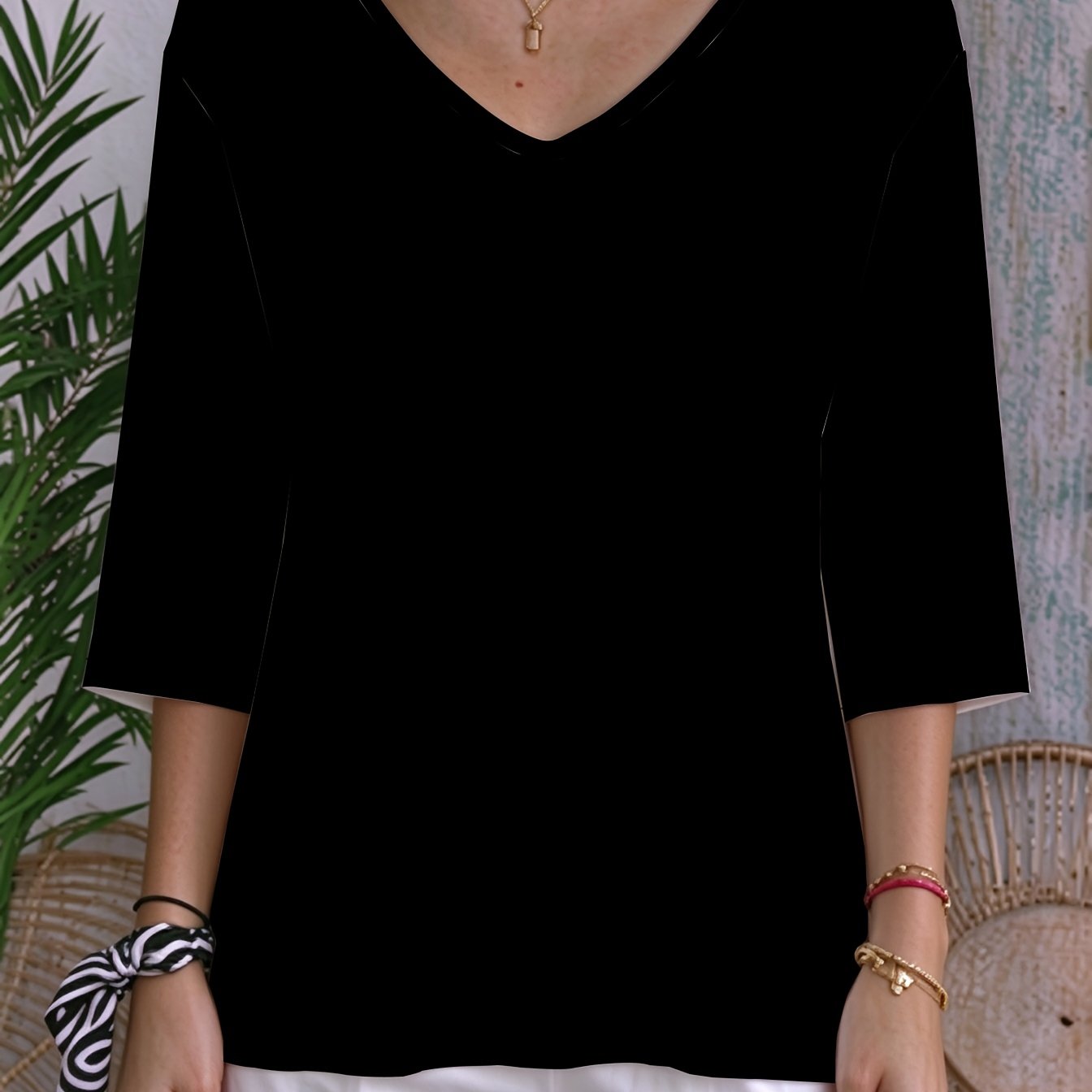 TEMU Plain Flat Print / No Texture / No Embroidery / No Sequins - Women's Top - Women's V-neck Three-quarter Sleeve Top, , Loose Fit, Casual Women's