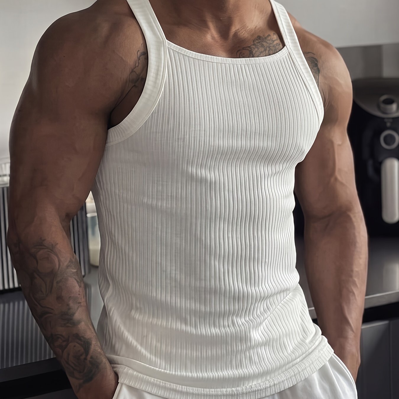 TEMU Spring And Autumn Men's Ribbed Knit Waffle Wide Shoulder Square Neck Vest Top Sleeveless Base Layer Worn Outside