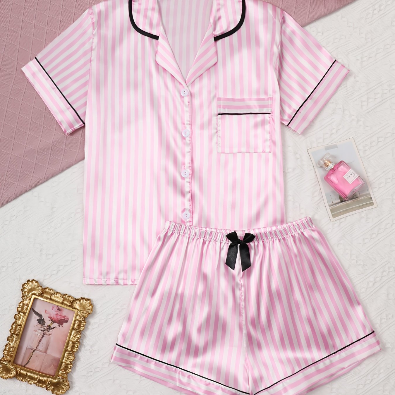 Image of Elegant Striped Print Women's Pajama Set With Lapel Collar - Short Sleeve Button-up Lapel Top And Pants, Loungewear, Machine Washable, Suitable For Outerwear