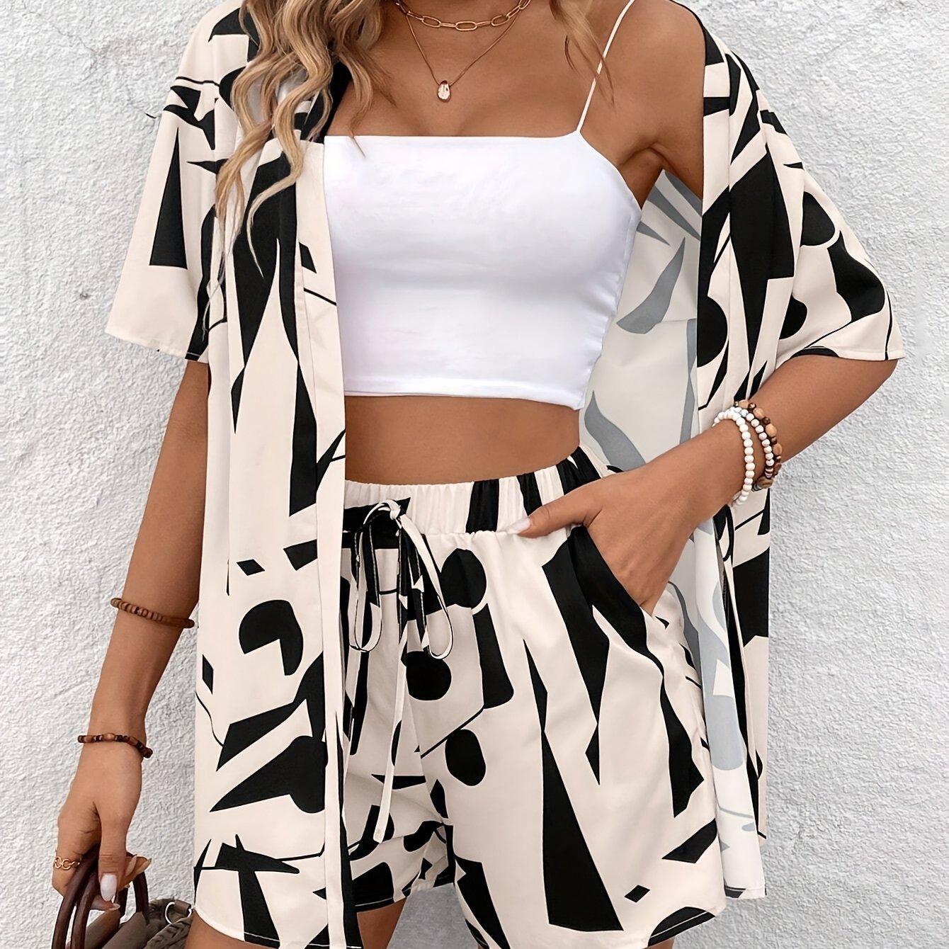 Women's Printed Cardigan And Shorts Set