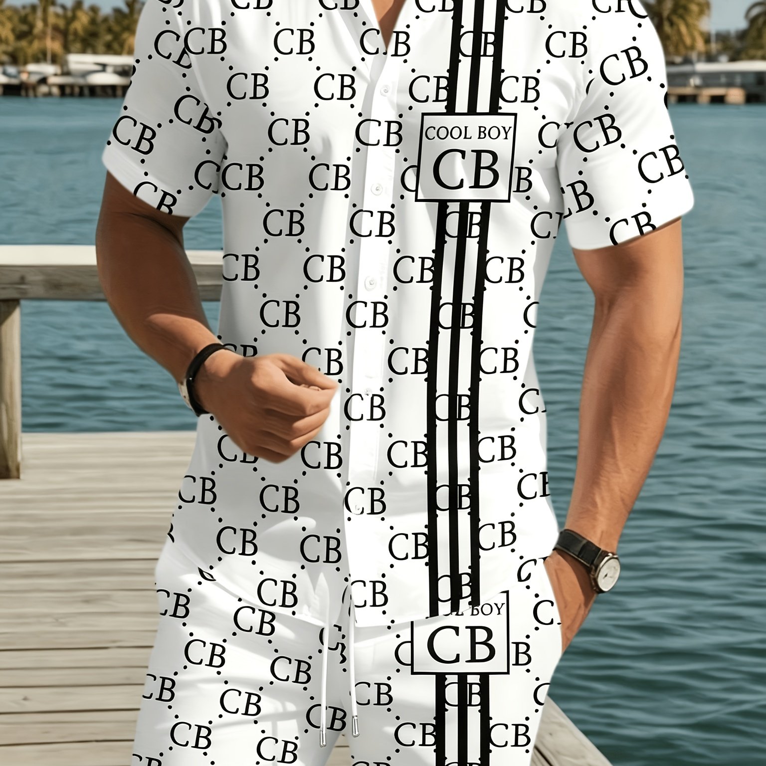 TEMU Men's Collar Short Sleeved Shirt Shorts Set 3d Printed White Background Cb Letter Floral Pattern Light Luxury Trendy Brand Style Casual 2pcs Set