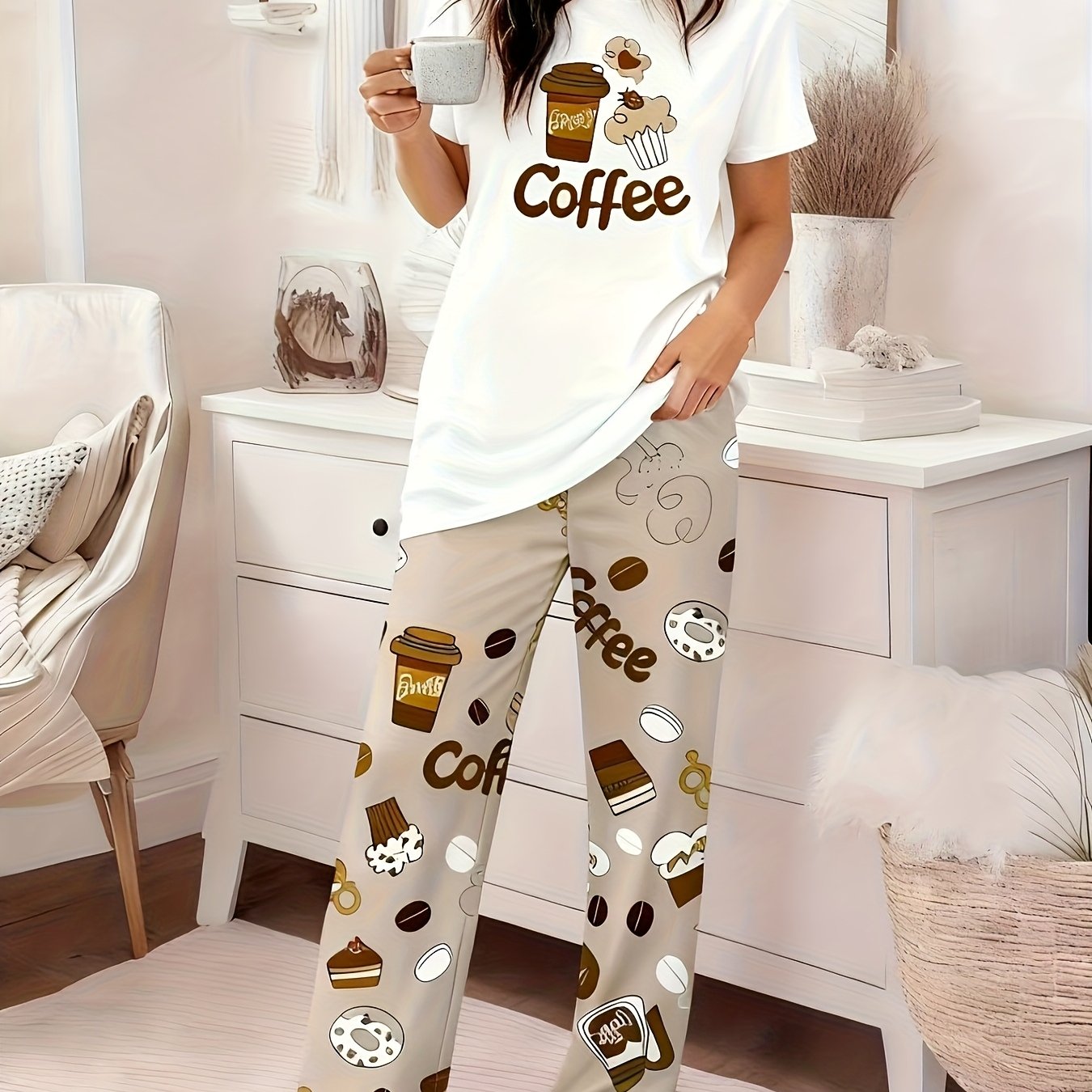 TEMU Ladies Coffee Theme Pajama Set Cartoon Cute Print, Loose Short Sleeve Pants Two-piece