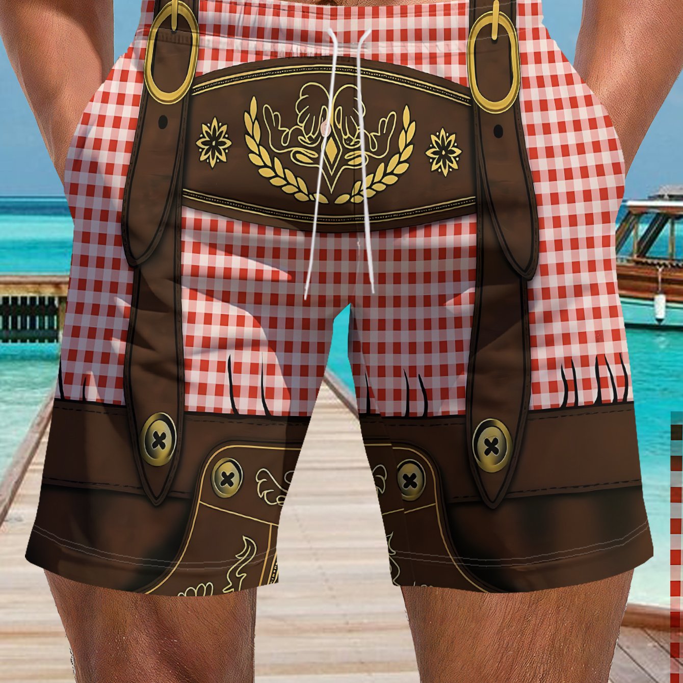TEMU A For Man Wearing Red And White Plaid Shorts With Brown Trim, Against A Backdrop Of Azure Sea