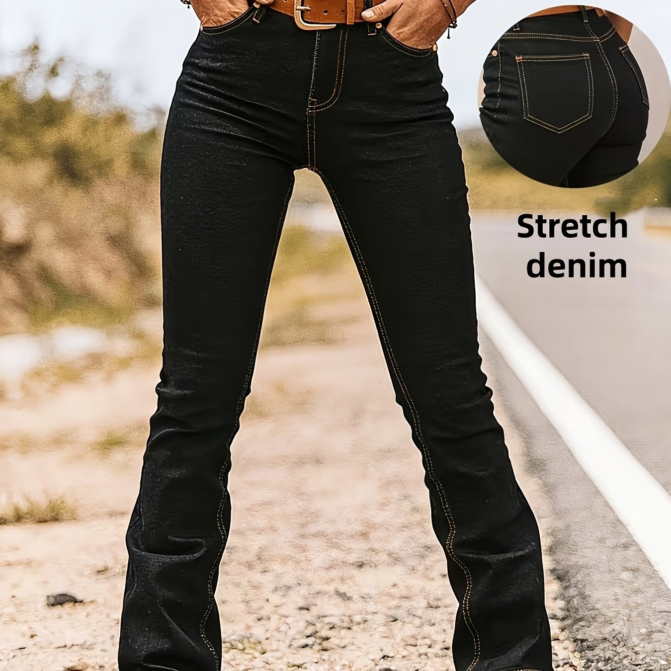 TEMU Women's New Style Denim Long Pants - Slim And Slightly Bell-shaped Fit - Black Washed Denim With Stretchy And Comfortable Fabric - Black Simple