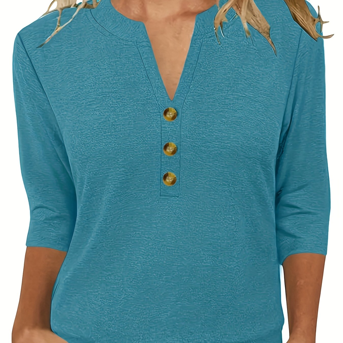 TEMU Round Neck Directional - Women's Fashion Spring Summer New Women's Clothing, V-neck 3/4 Sleeve Casual Loose Top Base T-shirt, Button Design,