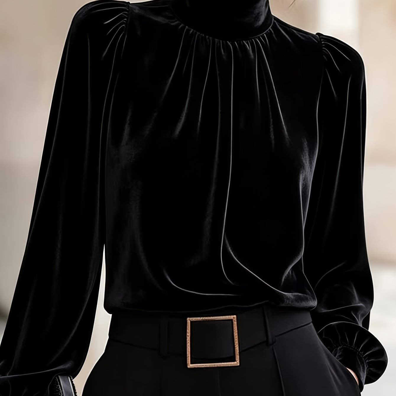 TEMU Elegant High-neck Velvet Blouse For Women, Suitable For Autumn And Winter, Ideal For Daily Wear