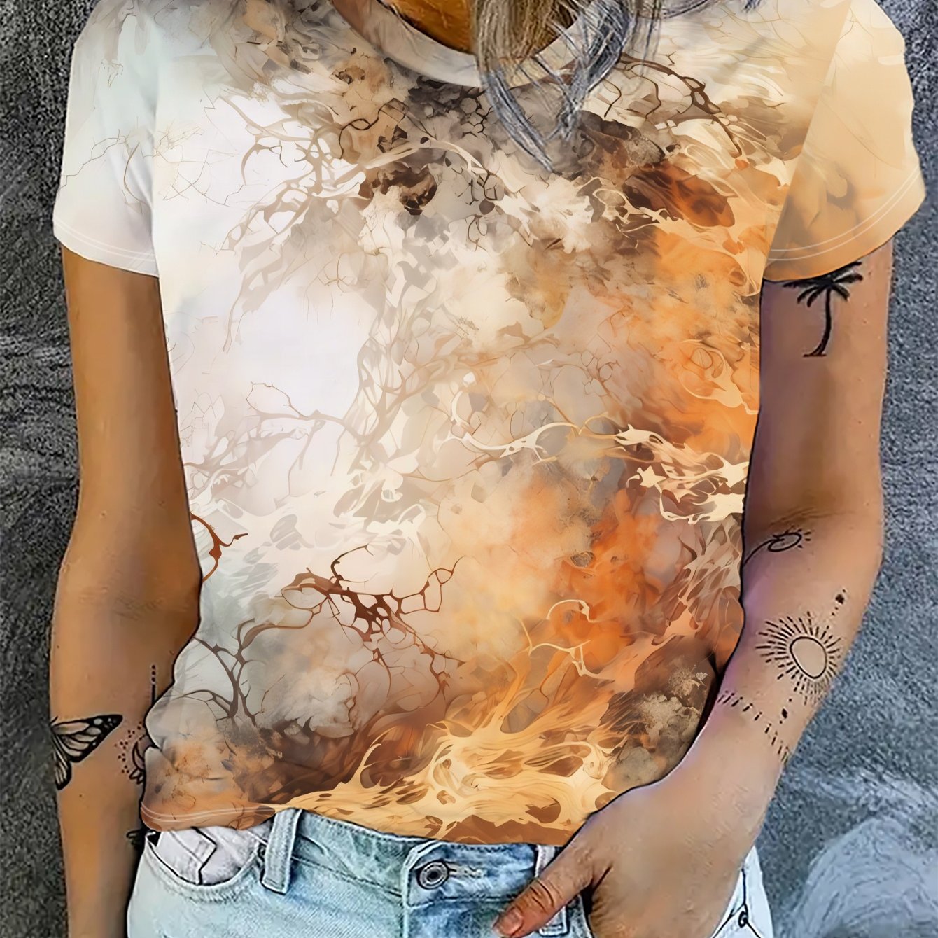 TEMU Summer Women's Short-sleeve T-shirt, Featuring An Orange-brown-white-gray Print Resembling Clouds, Mist, And Vines, With A And Design. Made Of