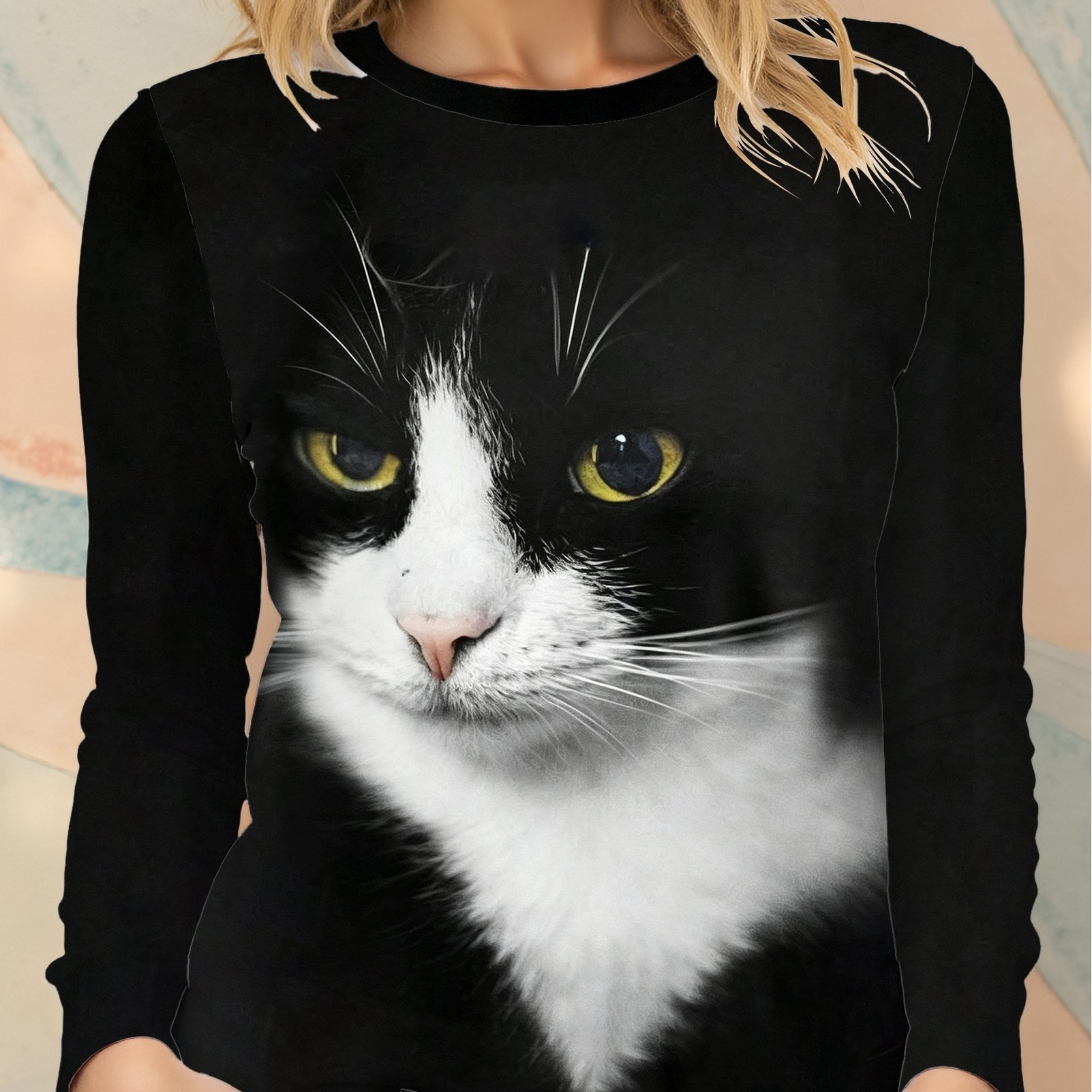 TEMU Women's Cow & Cat Print T-shirt - Realistic Black & White Suitable For - Layering Base Shirt, Loose Neck Long Sleeve Style Top For Casual Casual