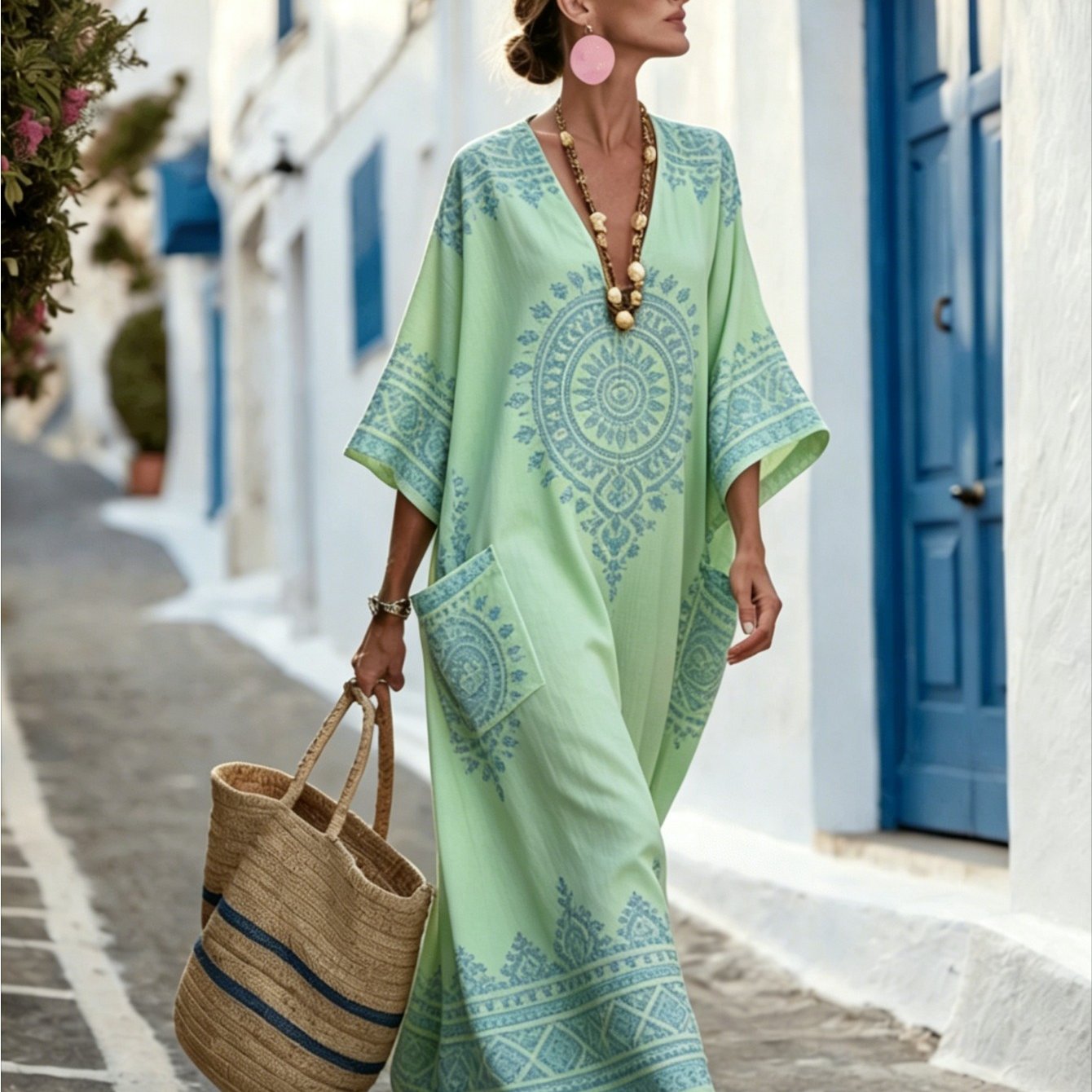 Image of Plus Size - Large Size Elegant Full Body Print -neck Dress, Perfect For Summer Daily Dating Beach Vacation, Light And Breathable, Spring And Summer Daily Wear, Travel Beach Wear, Is For Her