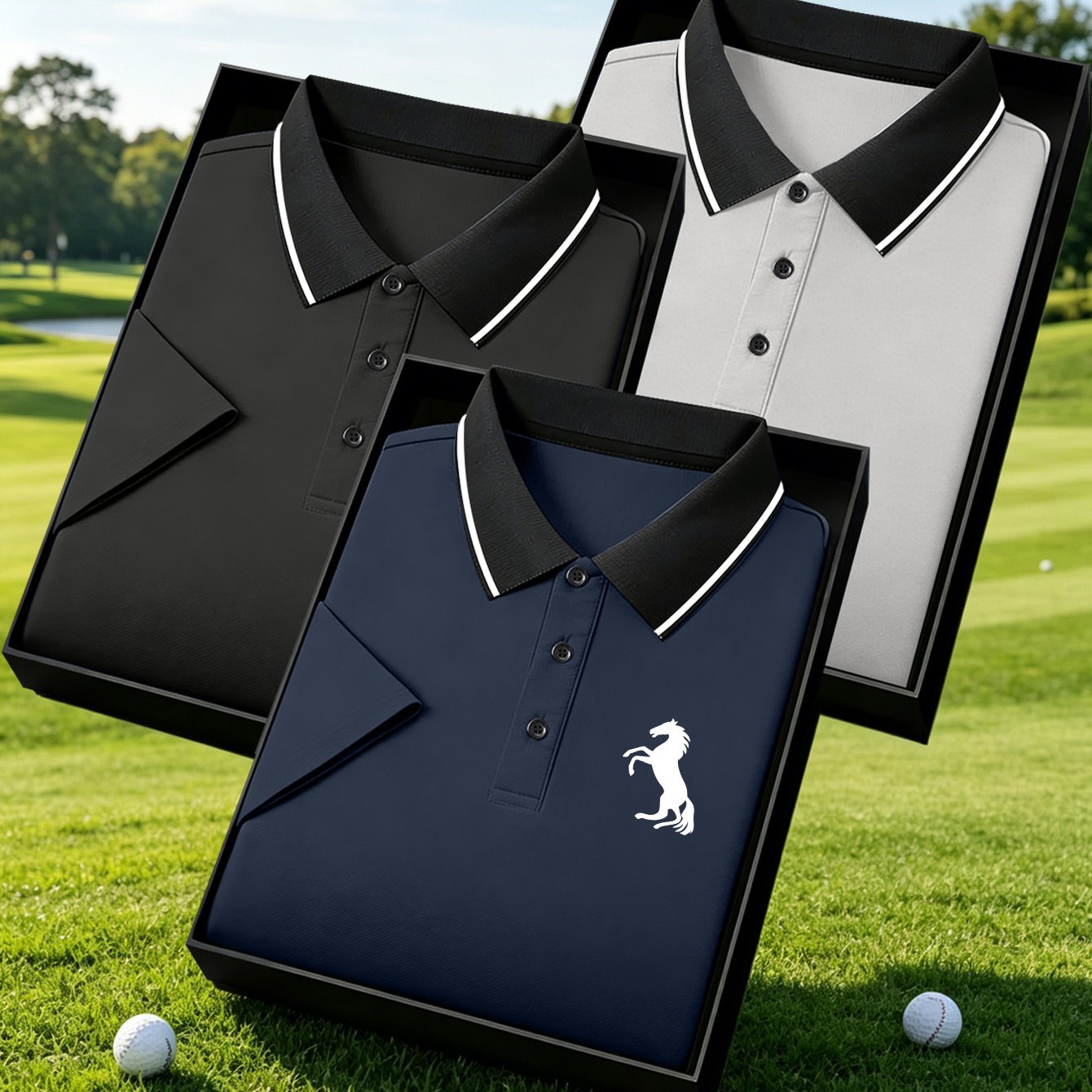 TEMU Three-piece Men's Golf Shirt, Contrasting Color Lapel Short Sleeve, Quick-drying, Wrinkle-resistant, Breathable, Business Casual T-shirt, Horse,