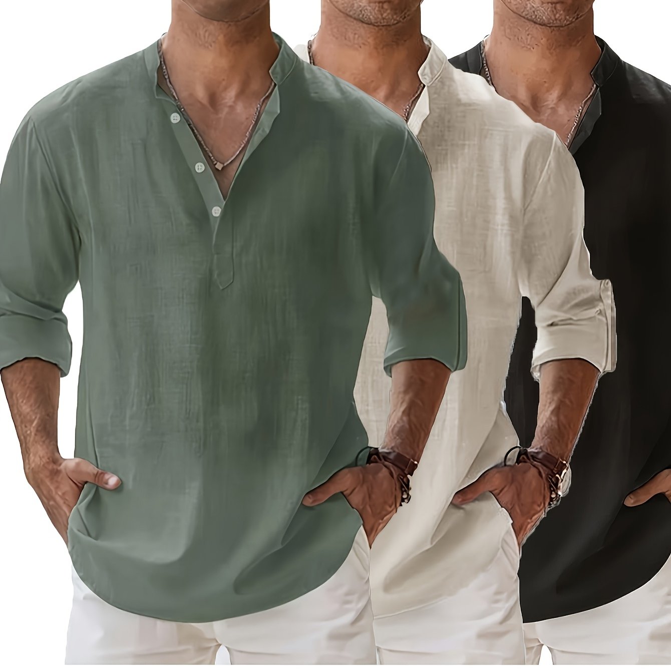 3pcs Men's Casual V-neck Long Sleeve Shirts, Comfortable And Breathable Fabric, Loose Fit With Button Details, Suitable For Spring/summer/autumn