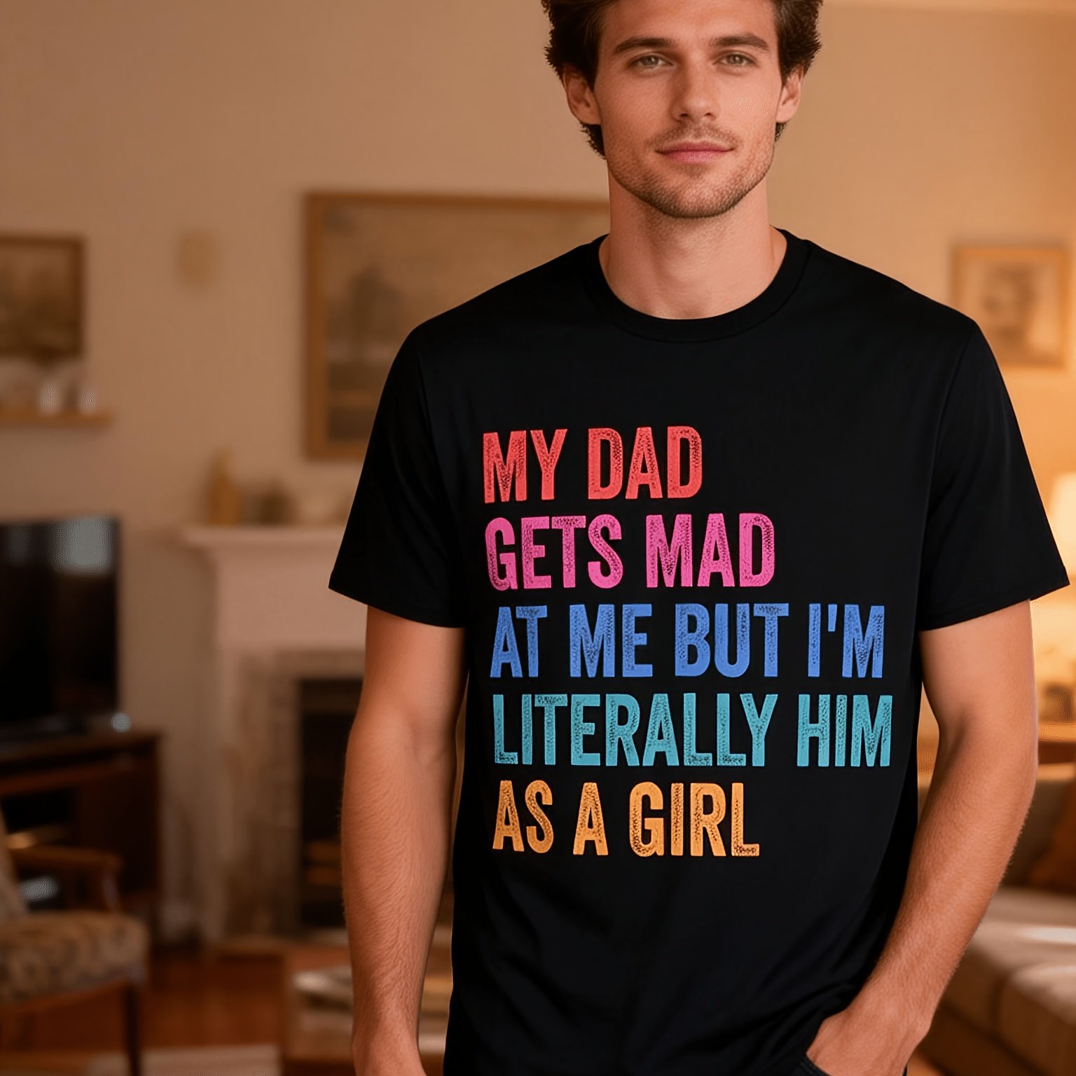 TEMU Funny Mad At Me But Im Him As A Girl Graphic T-shirt - Soft 180gsm Unisex Tee, Black With , Retro Casual Short Sleeve Round Neck, Funny Family