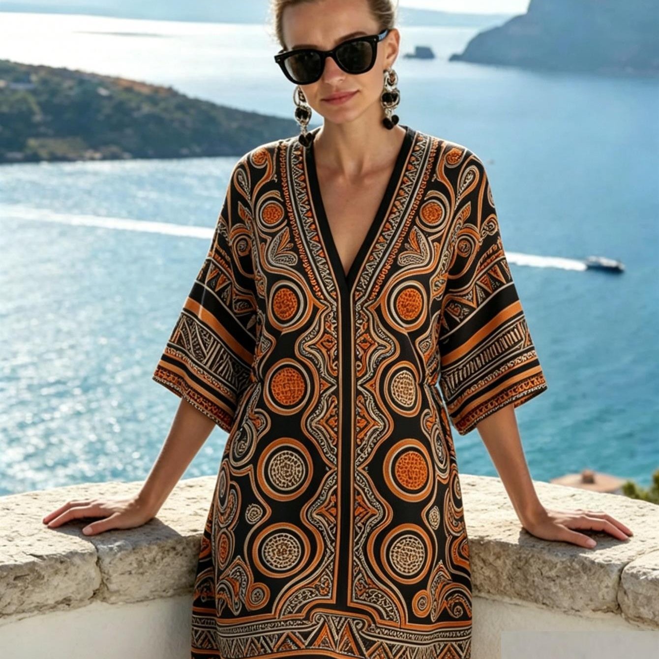 Image of Plus Size, Plus Size Women's Boho Maxi Kaftan Dress - Paisley Print Deep Cover Up Dress, Loose Wide Sleeve Beach Dress Suitable For Resort Vacation, Poolside Outfits, -line Bohemian Dress