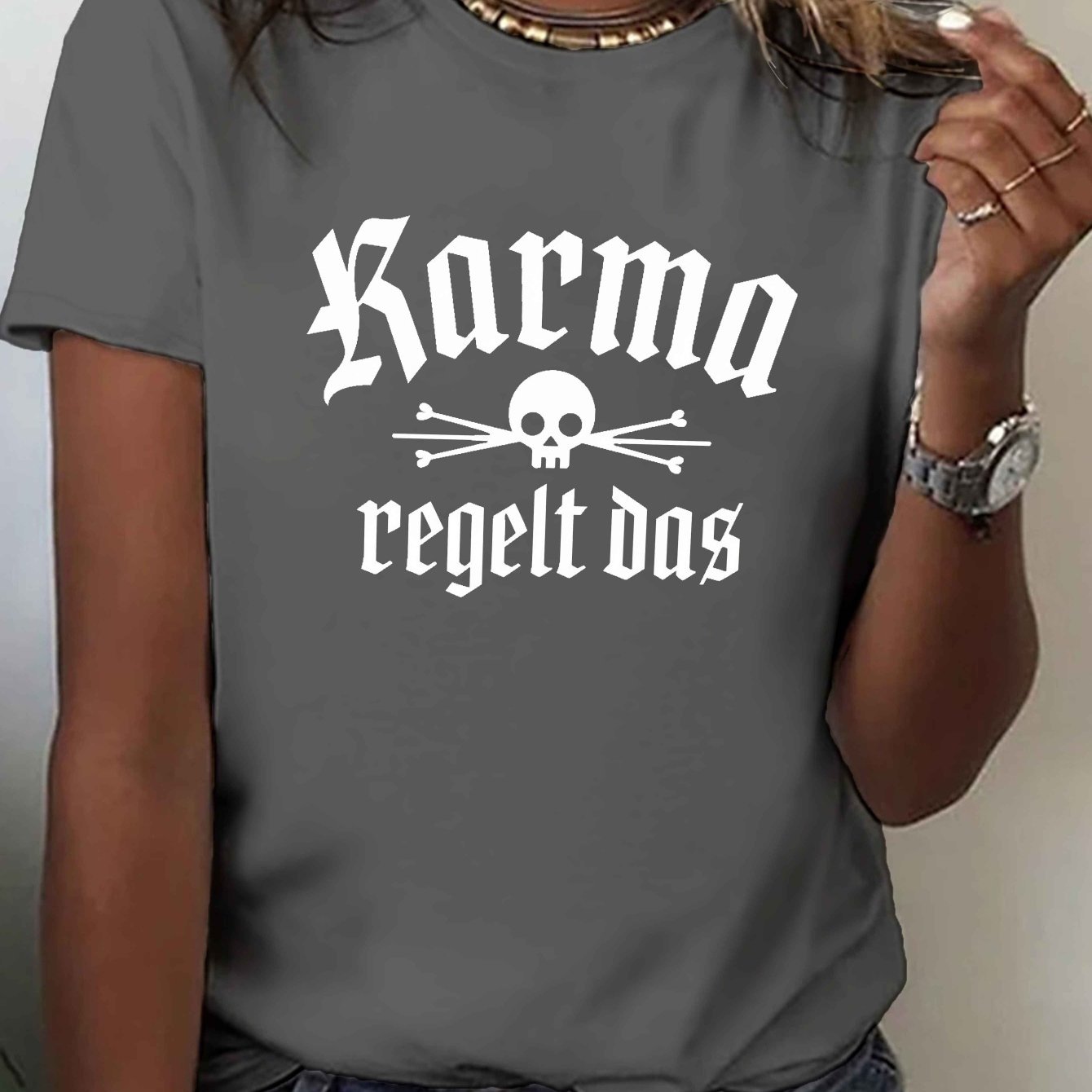 For Karma Takes Care Of T-shirt, Short Sleeve Crew Neck Casual Top For Summer & Spring, Women's Clothing