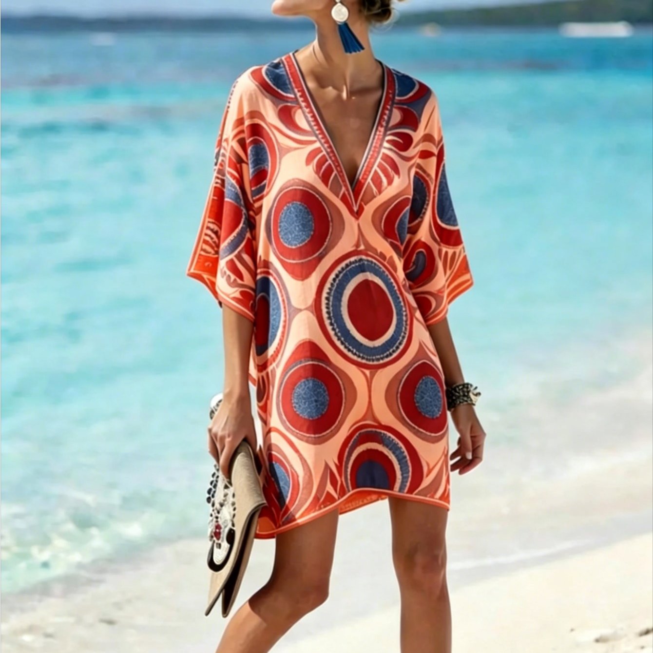 Plus Size Women's Spring/summer V-neck Printed Fleece Kaftan Robe Dress With Ethnic And Bohemian Styles. This Versatile, Casual, Vacation-friendly Skirt Fits And Worn As A Blouse Or Casual Dress