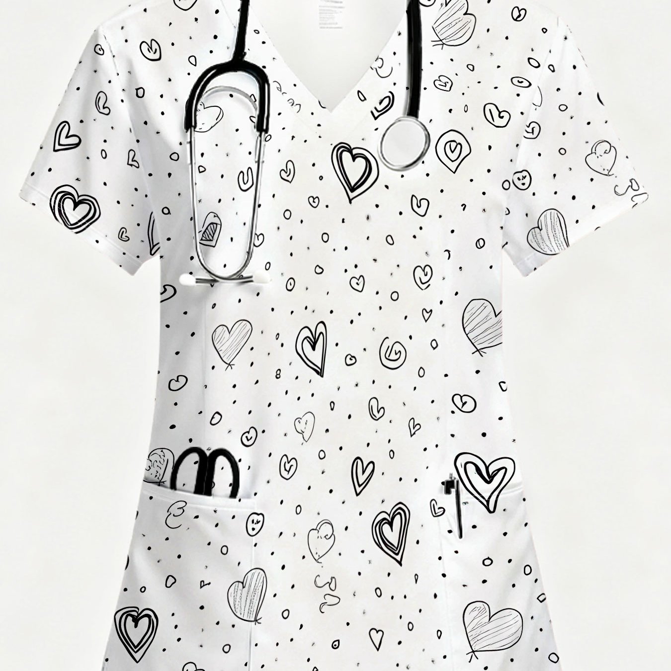 TEMU Elegant Women's Uniform With A V-neck Top And Short Sleeves, Featuring A And White Heart Polka . Comfortable Nursing Workwear With 2 Pockets,