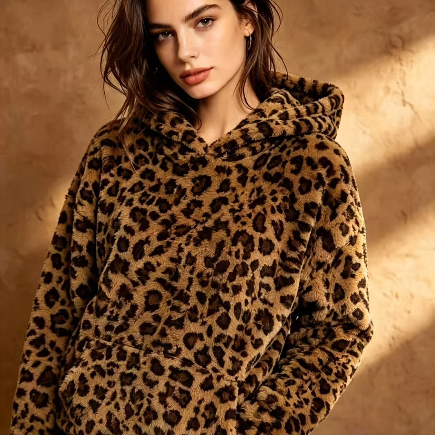 TEMU Autumn Winter Women's Casual Leopard Print Loose Outdoor Plush Hooded Sweatshirt