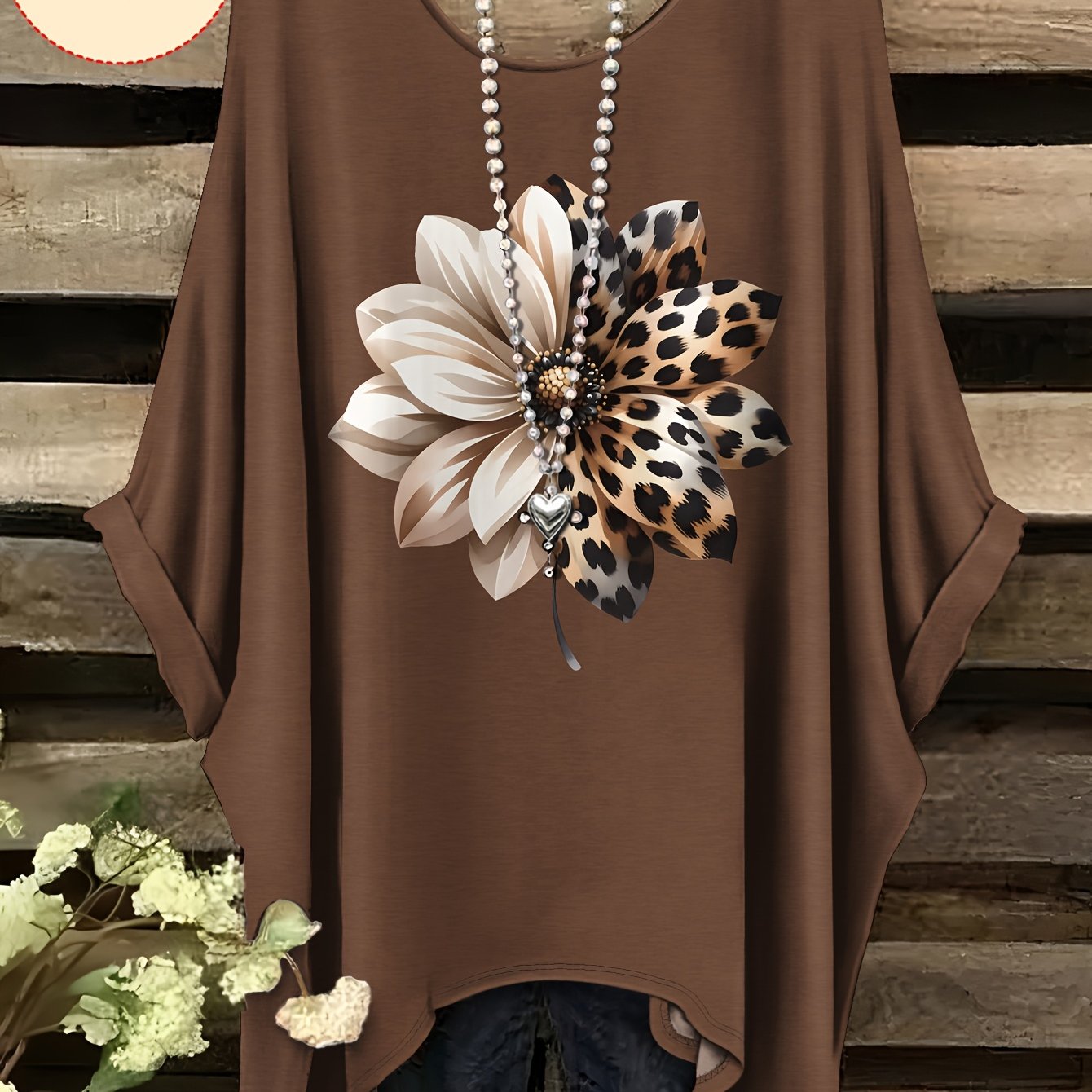 TEMU Plus Size, Printed Design-nottextured, Women's Plus-size T-shirt, Leopard Print Floral Pattern Print Short Sleeves, Versatile And Stylish