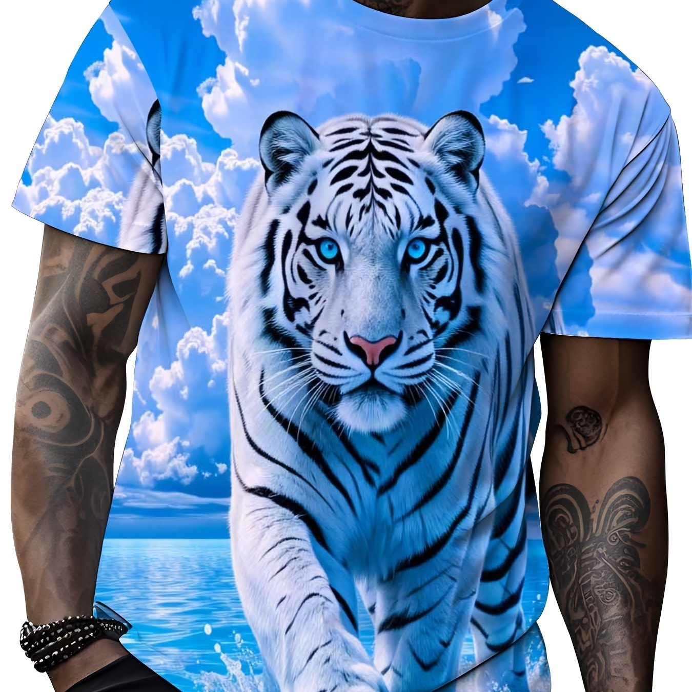 TEMU Men's Short-sleeve Casual Outdoor Clothing With White Tiger Pattern On A And Blue Water Background