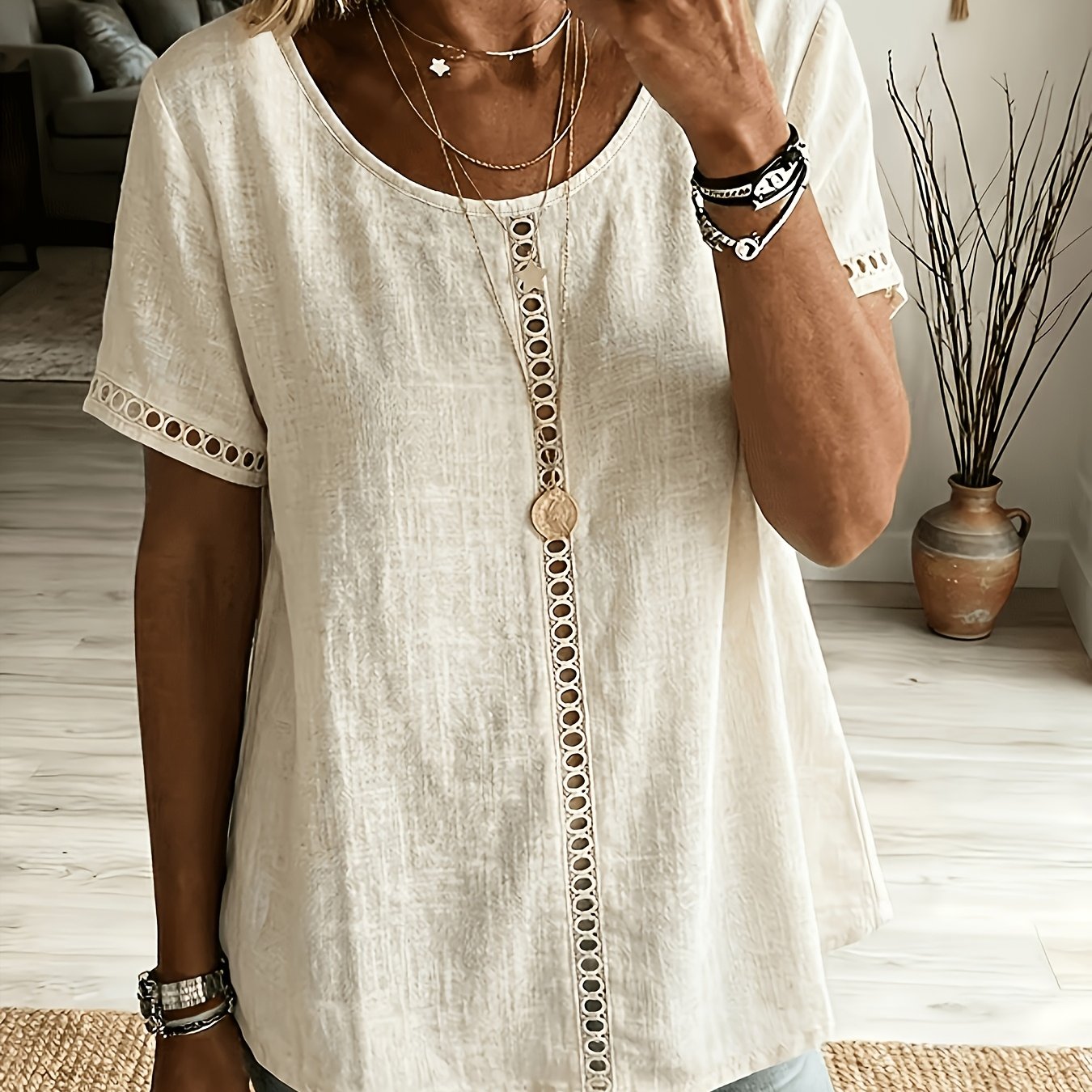 TEMU Plus Size Summer Lace Short-sleeved Round Neck Straight Non-elastic Solid Color Shirt [excluding Pendants]