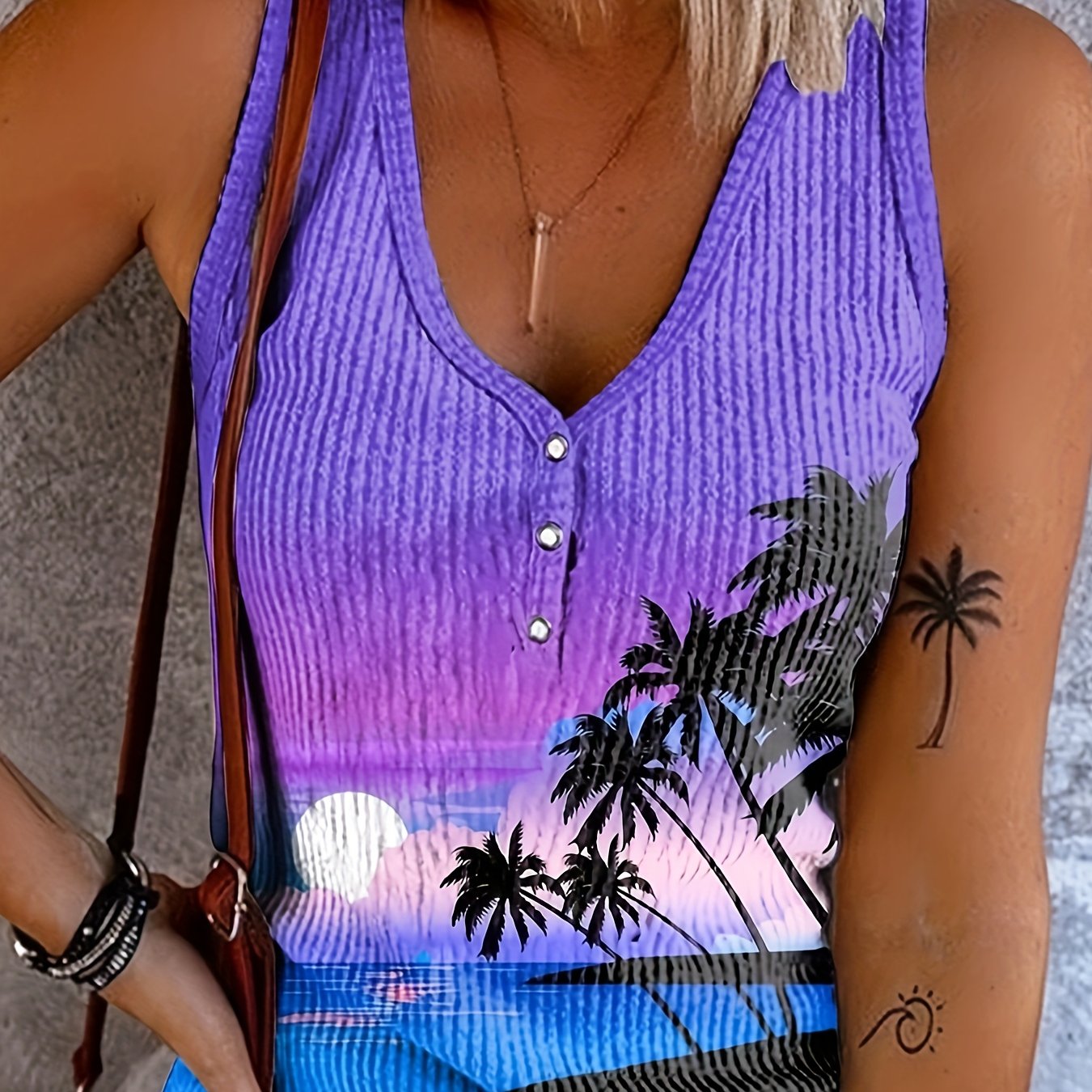 Seaside Sunset Moonlight Coconut Tree Print Open-front Button-up Ribbed Vest, Fashionable Women's Top