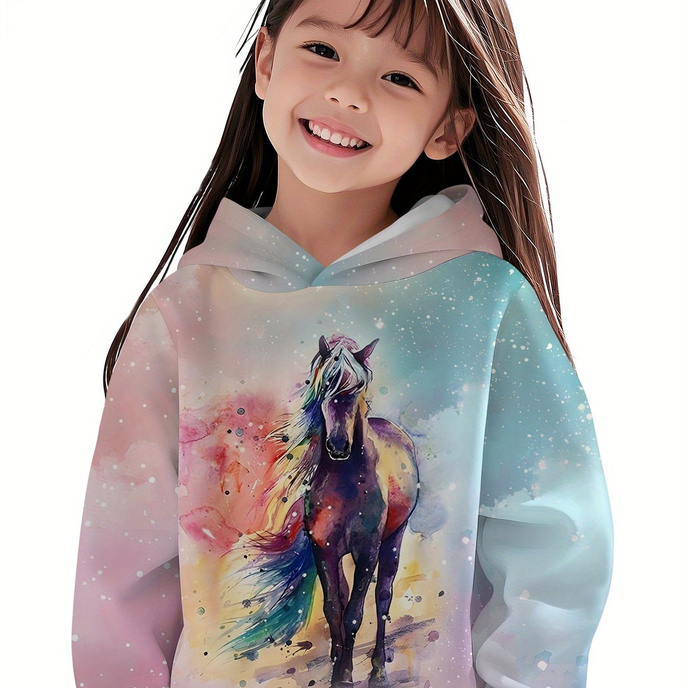 601101340352056artistic Watercolor Horses Are . 3d Printed Pattern Hooded Sweatshirt, A Trendy And Casual Children's Clothing, Is Suitable For Girls To Going Out And Is For Girls.