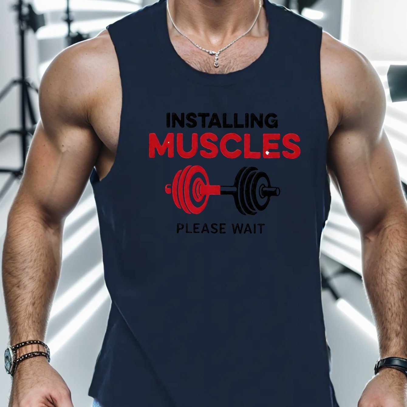 TEMU Installing Muscles Print Sleeveless Tank Top, Men' Undershirts For Workout At