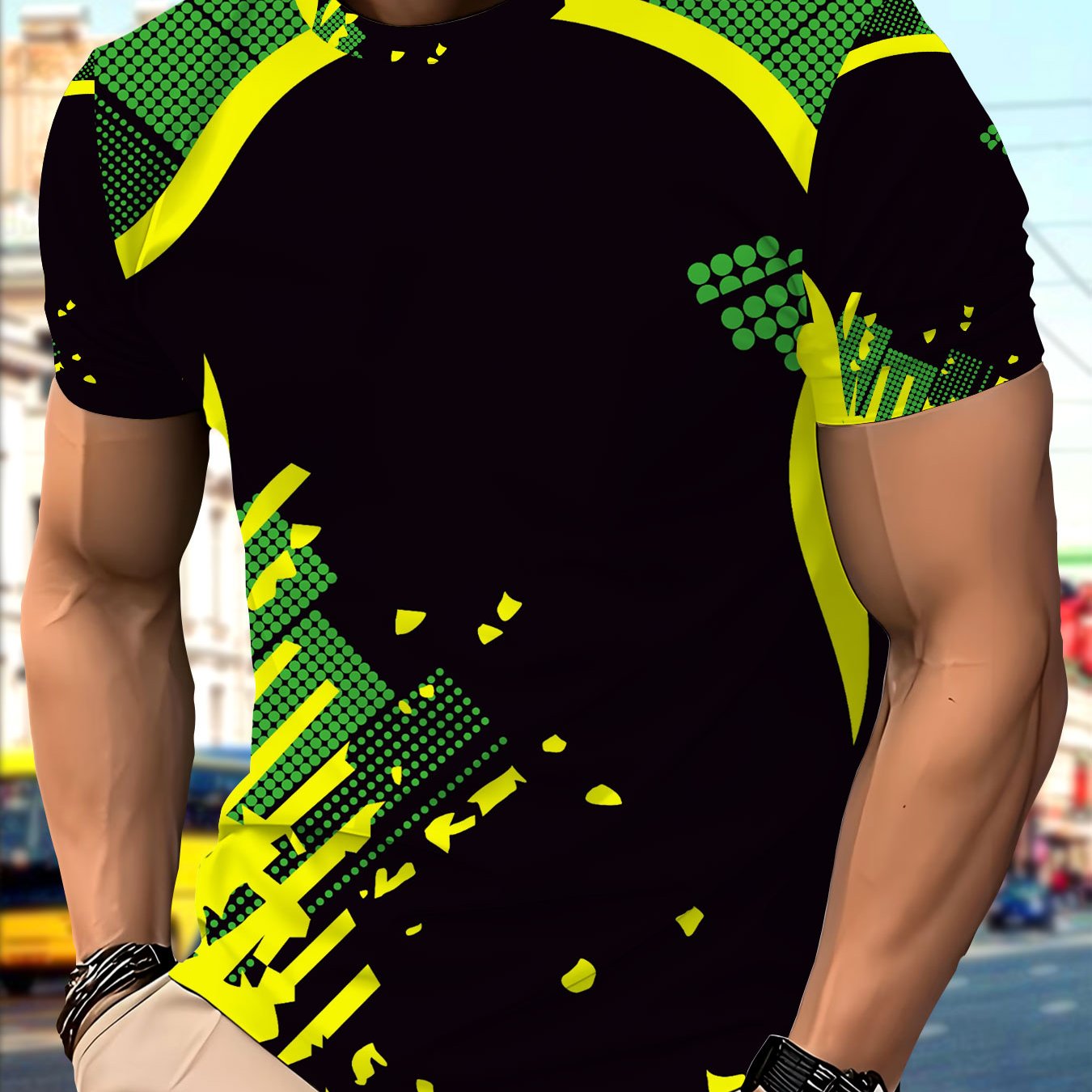 TEMU T-shirt pour Homme à Imprimé en Continue - Tee-shirt Vert/Jaune 3D Numérique à Col Rond et Manches Courtes, Haut Léger et Respirant en Polyester