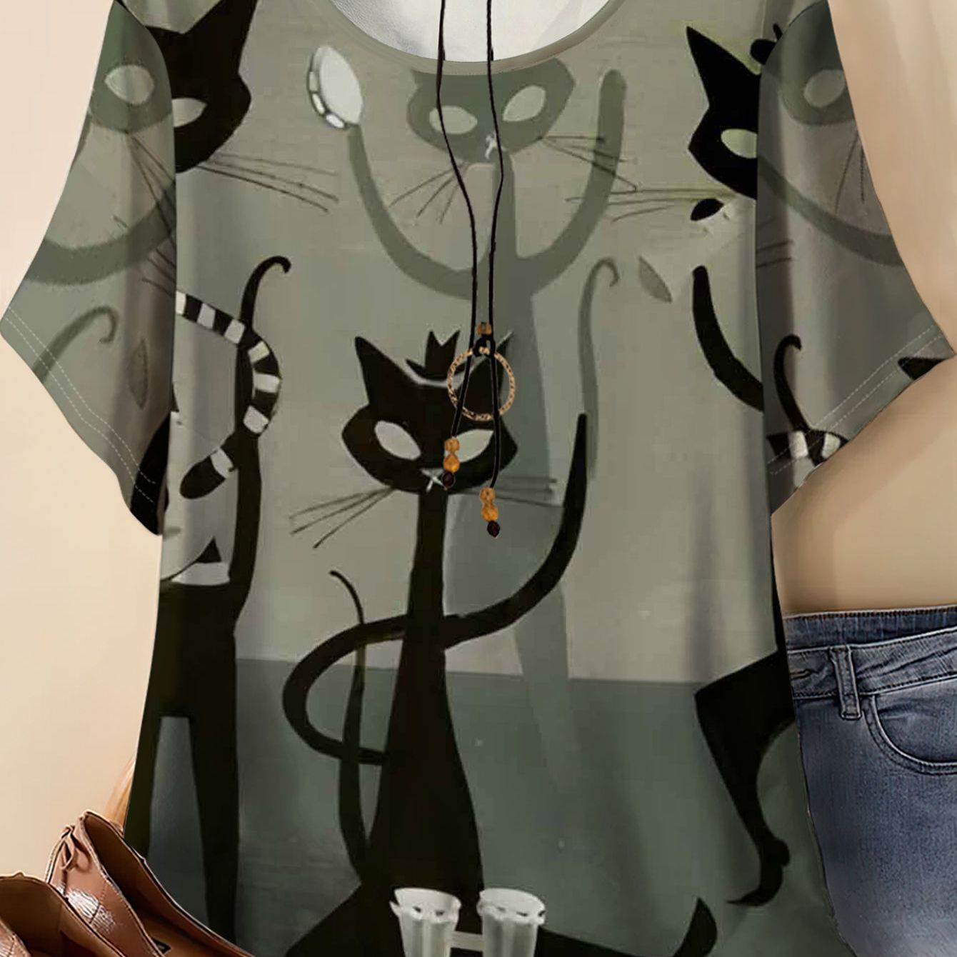 TEMU T-shirt ample à manches courtes pour femmes, grande taille, avec imprimé de chat, un haut élégant et décontracté pour l'été, léger et polyvalent