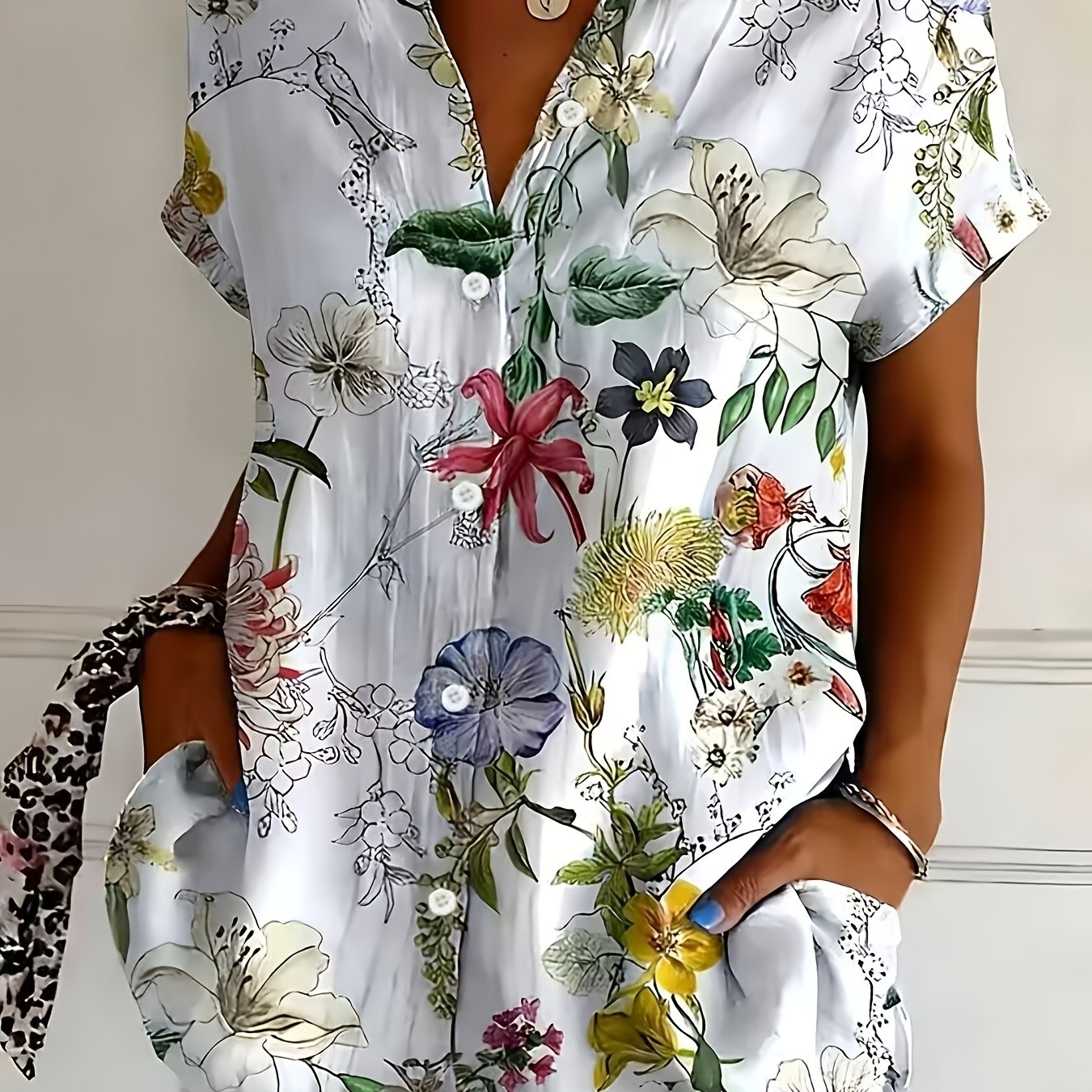 TEMU European And American Pastoral Style Plant Flower Print Collar Short Sleeve Casual Versatile Cardigan Top