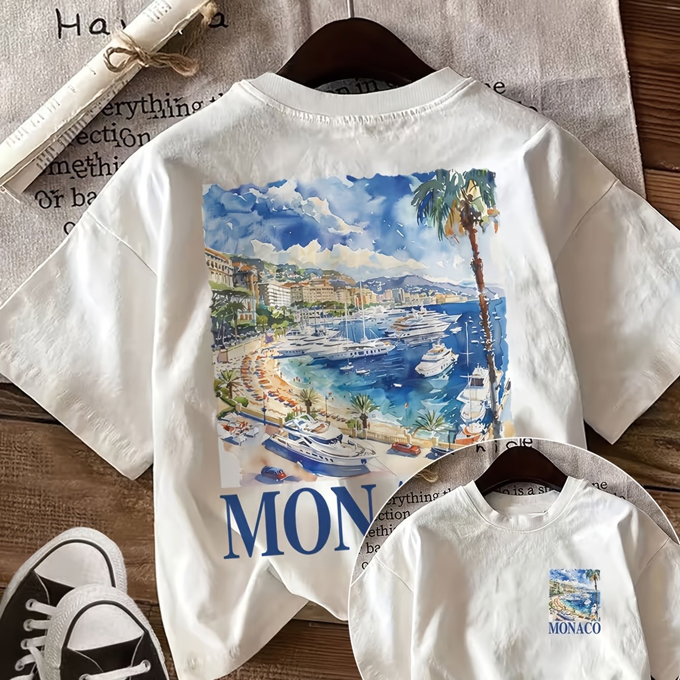 TEMU Double-sided Print Summer Casual Women's Top, Watercolor Style, Yacht And Palm Tree Pattern, Monaco Print Crew Neck Short Sleeve T-shirt