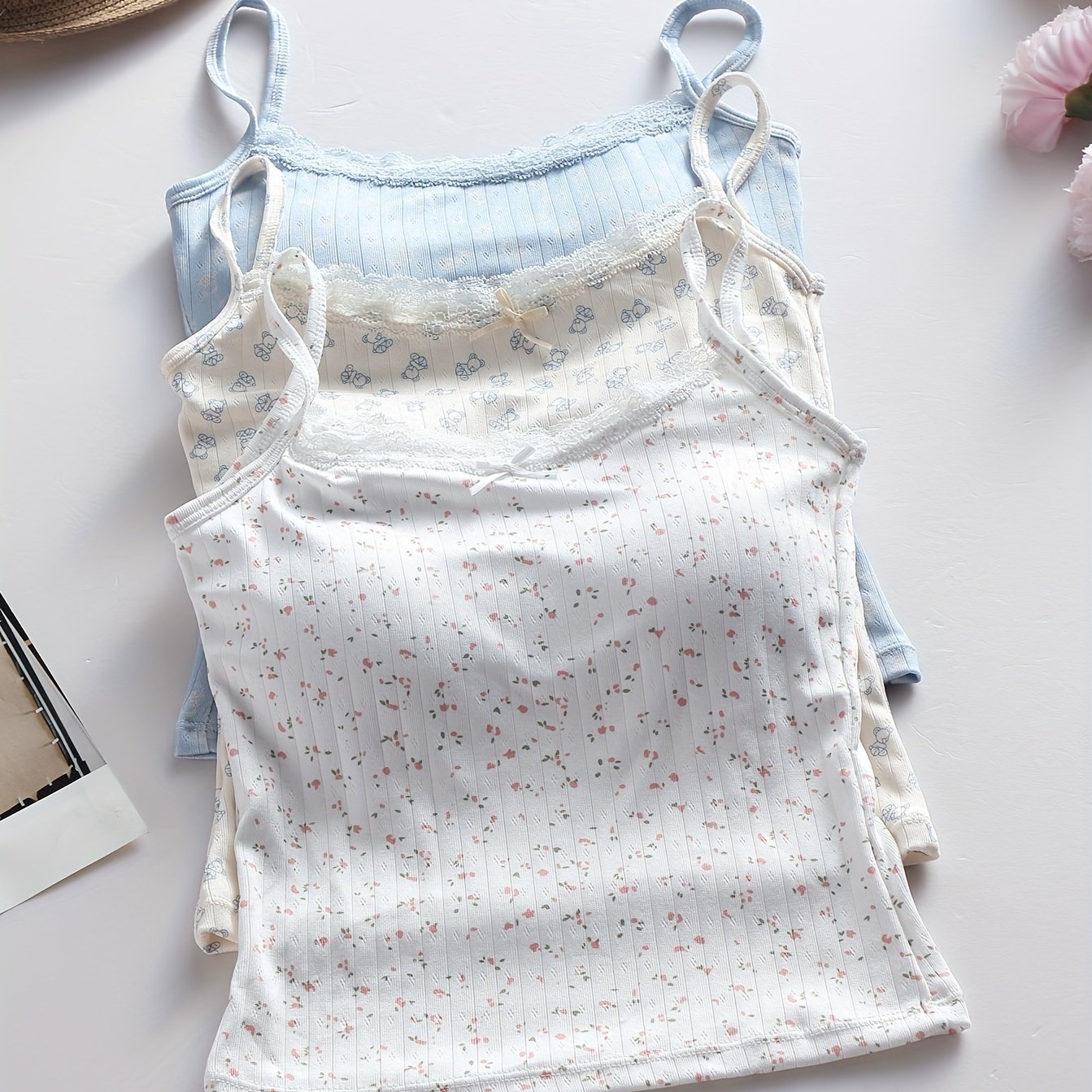 Image of 3pcs Set Girls' Youth Small Floral Print With Lace Trim And Bow, Includes Cup Pad, Non-removable, Base Layer, Outerwear, Inner Layer, , Casual Sporty Tank Top 8-11