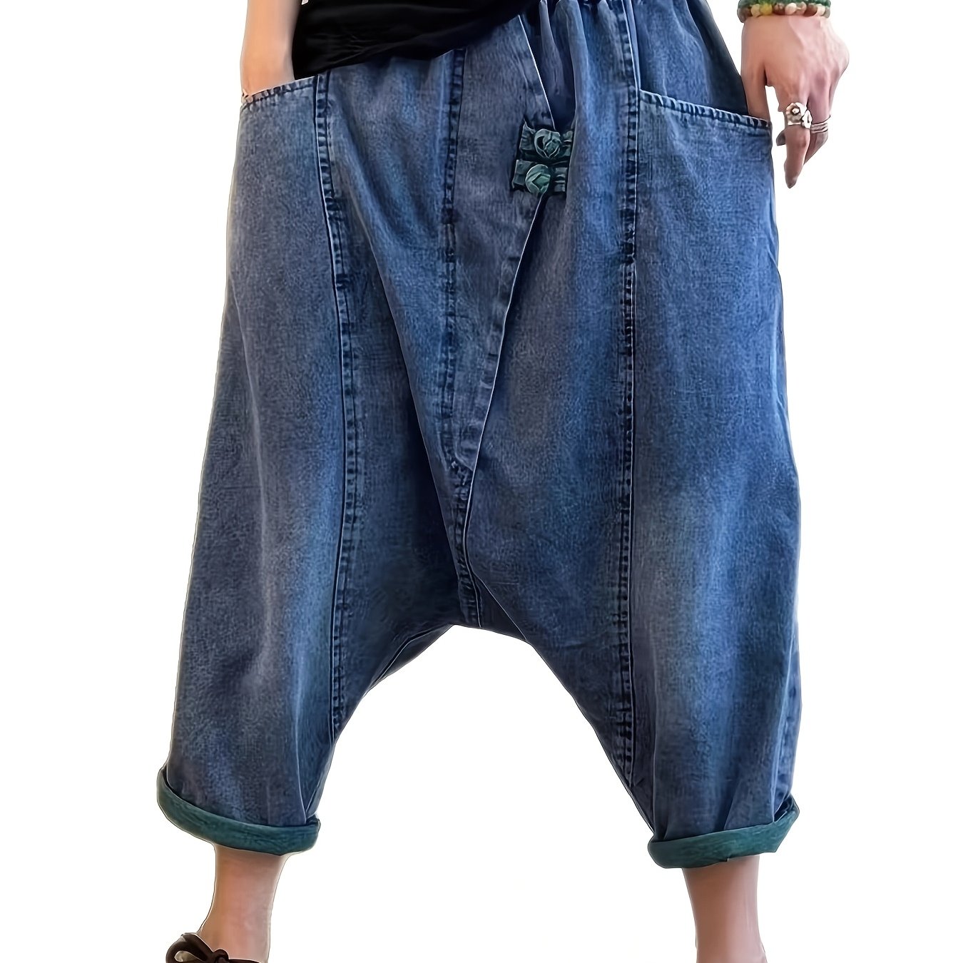 TEMU Womens Washed Drop Crotch Jeans Loose Frog Button 7/8 Length Slouchy Pants Elastic Waist Niche Style Outfit