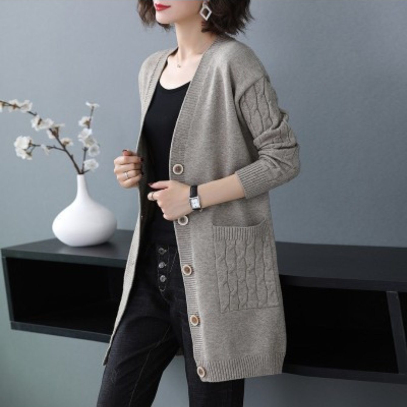 TEMU Autumn/ Winter 2025 New Plain Cardigan Medium Long Korean Version Loose Fashion Women's Sweater