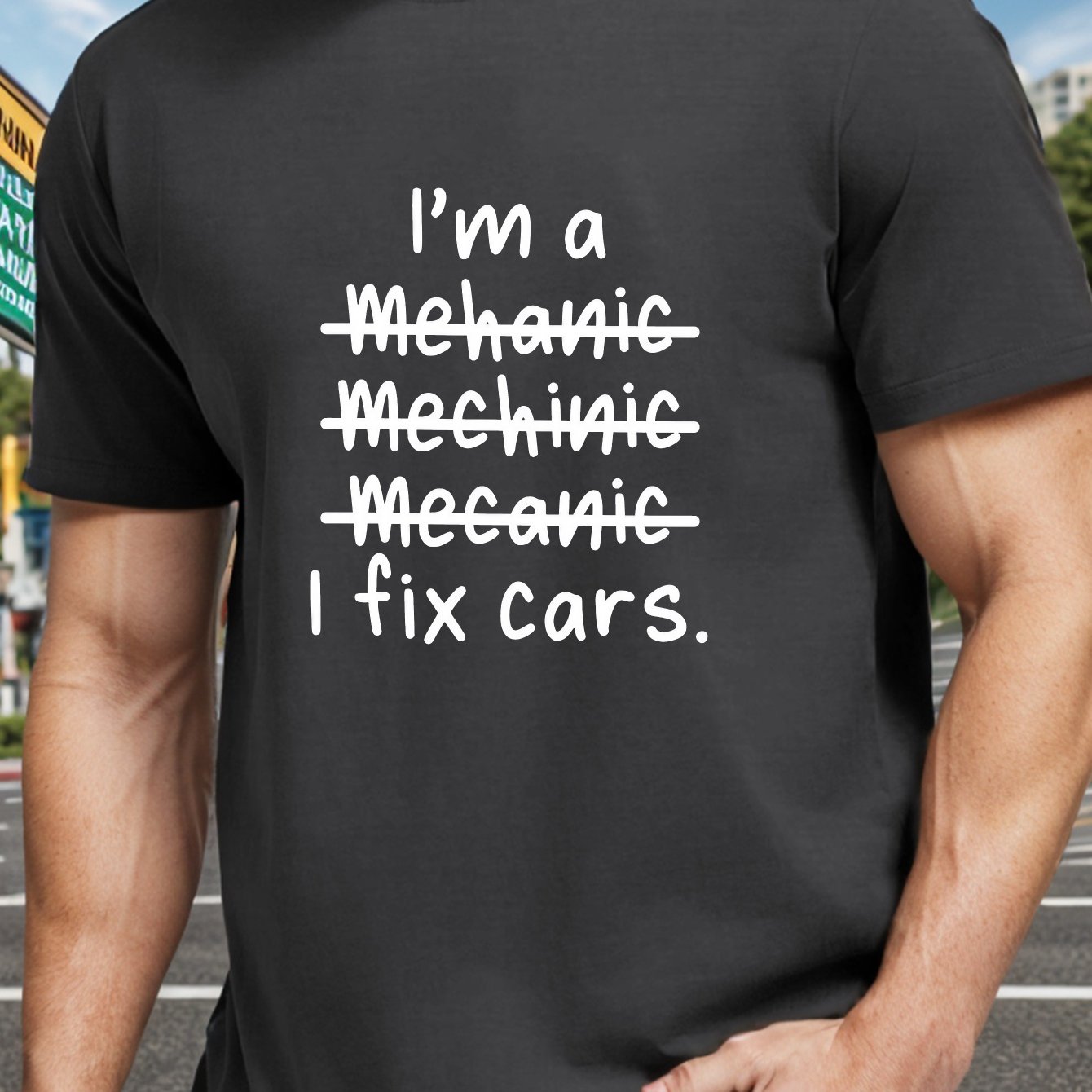 TEMU Men's Mechanic Graphic Tee - Casual Short Sleeve T-shirt With , Breathable Polyester, Machine Washable - Perfect For Summer