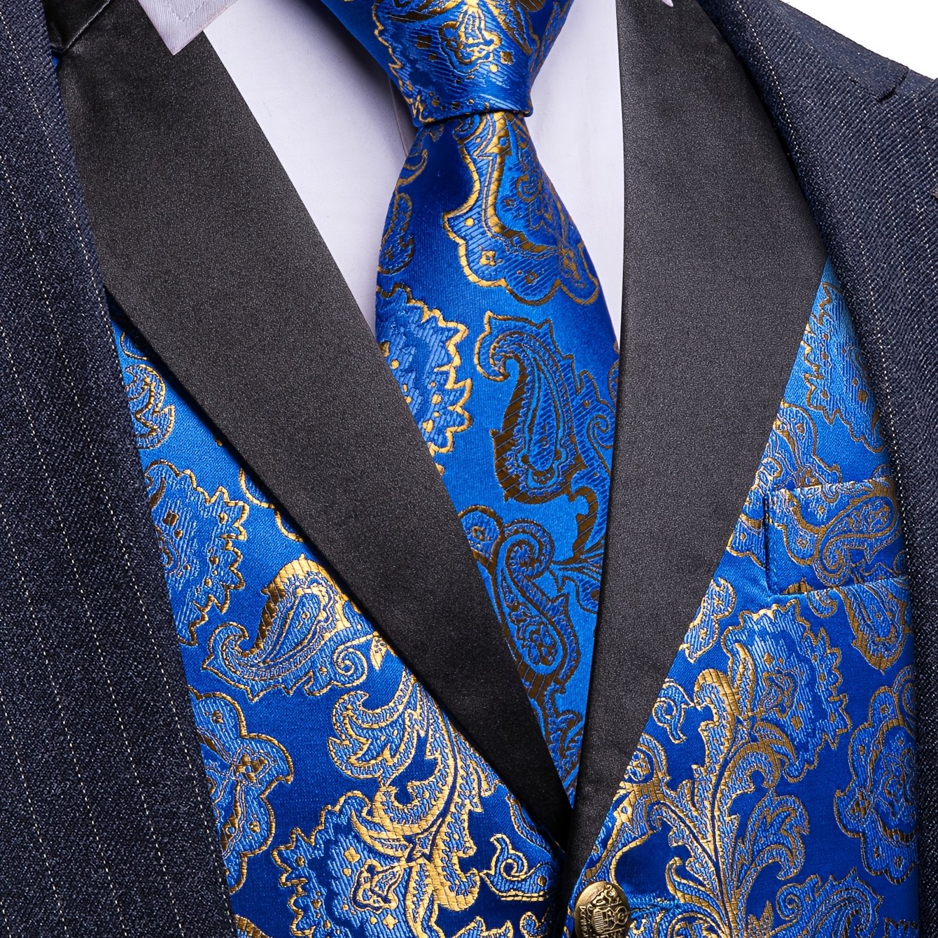 Image of Classic Mens Vest Blue Golden Floral Jacquard Wasistcoat Set Wedding Party Tuxedo Events