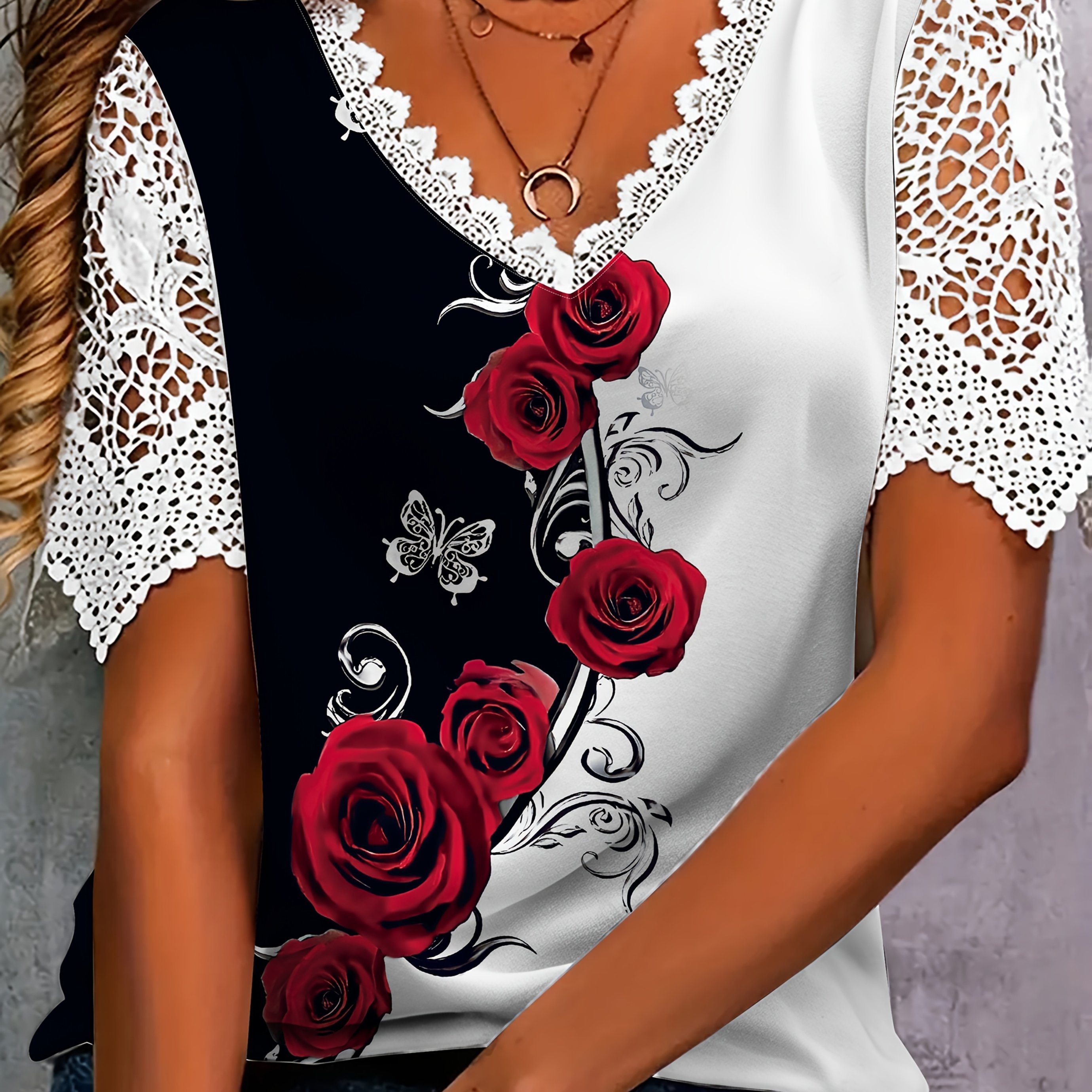 Elegant Lace Short Sleeve T-shirt Flower Print Short Sleeve Top