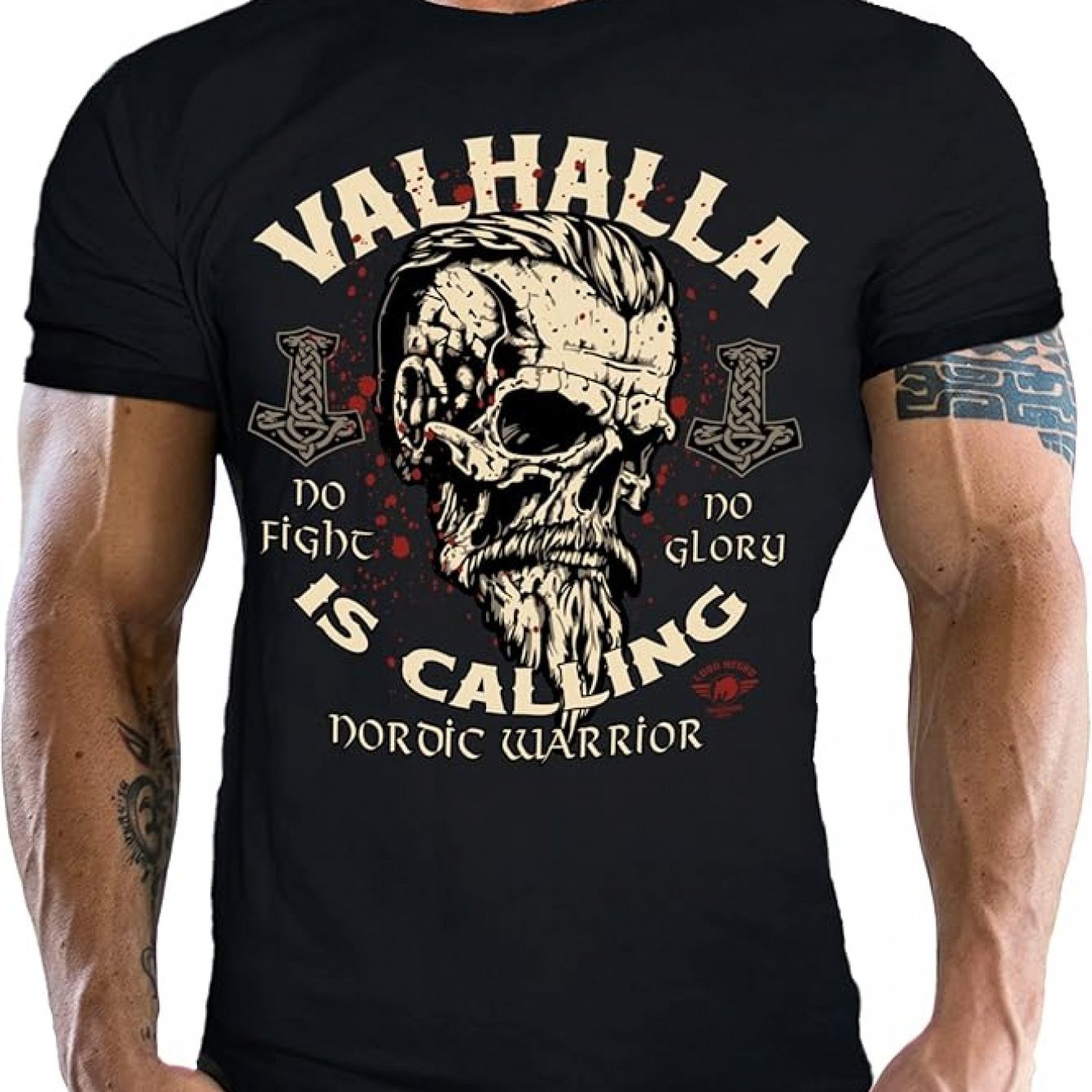 Image of Men's Viking Graphic T-shirt- Norse Warrior& Horned Helmet Print "walhalla Is Call"- Men's 100% Casual Short Sleeve T-shirt- , Machine Washable Black Shirt- For , Breathable Clothing, Round Neck Top