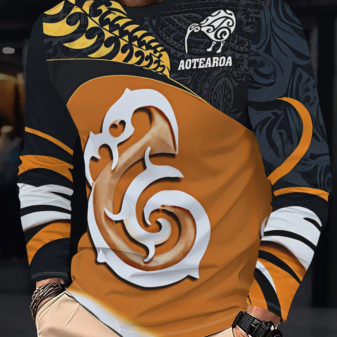 TEMU Men's Graphic Long-sleeve T-shirt - Black With Orange/white Spiral & New Zealand Text Print, Soft Casual Shirt For, Travel, Casual Attire |